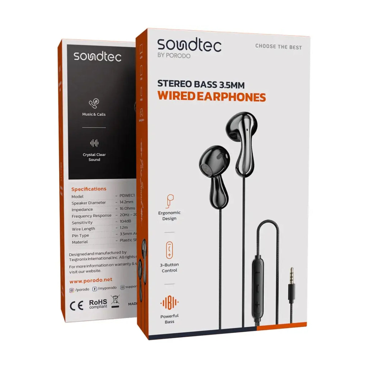 porodo Porodo Soundtec Stereo Bass 3.5mm Wired Earphones - Black