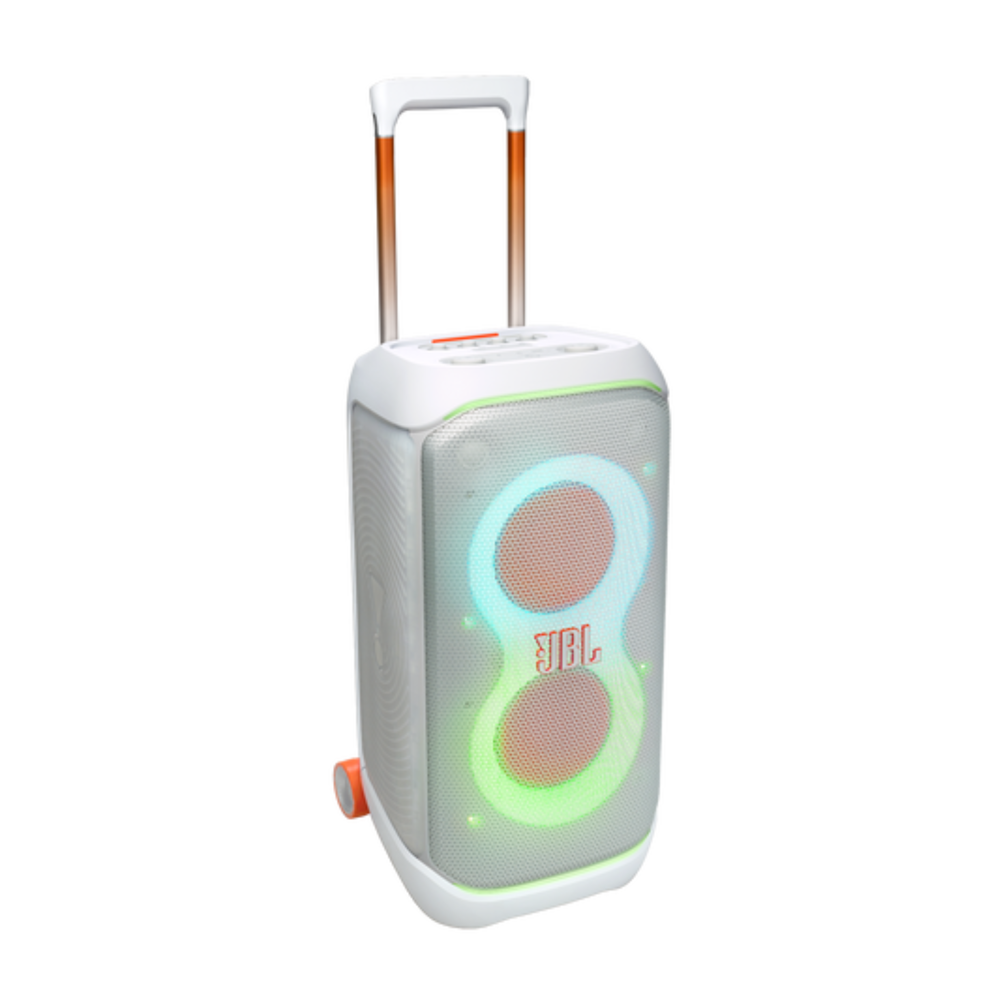 JBL Partybox 320, Portable Bluetooth 240W Party Speaker, AI Sound Boost, Futuristic Light Show, Multispeaker Connection by Auracast, Telescopic Handle & Wheels, Dual Guitar & Mic Inputs - White