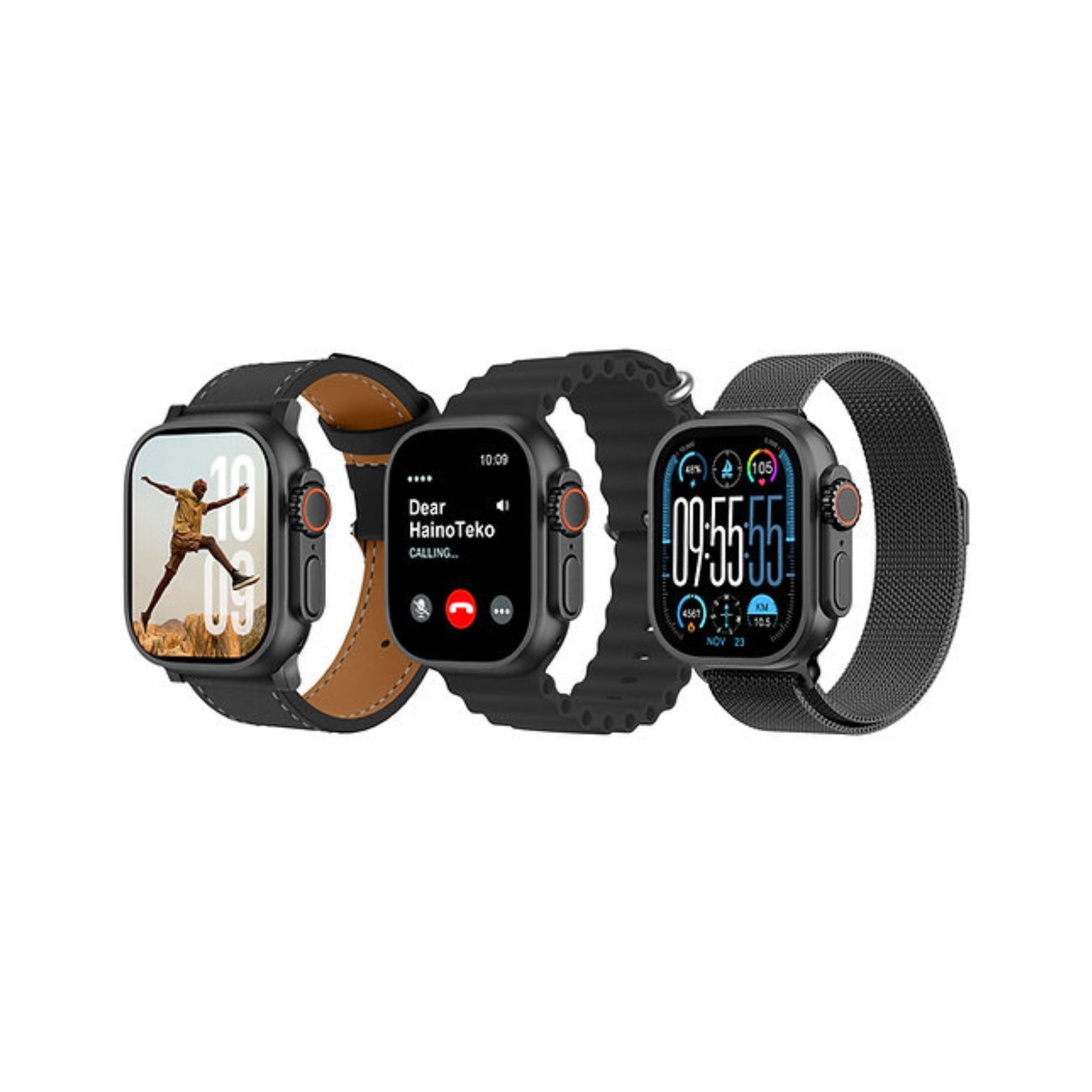 3 smartwatches with different display screens on a white background