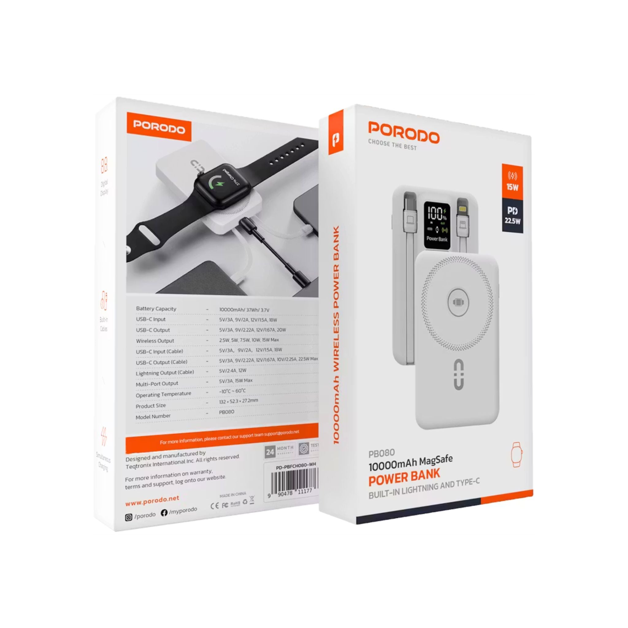 Porodo Magnetic Wireless 10000mAh Power Bank with Built-in USB-C + Lightning Cable Bracket, Simultaneous Charging, Digital Display, PD 22.5W - White