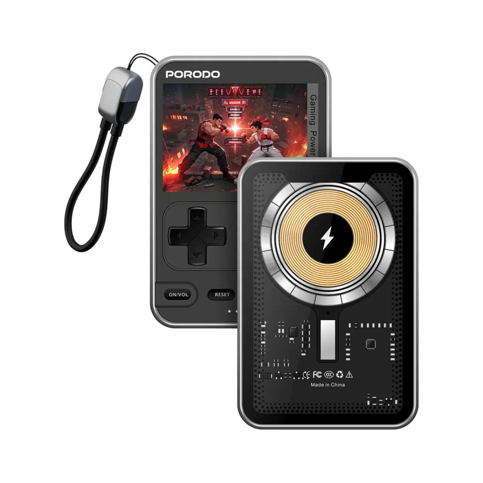 Two gaming devices with a lanyard on a white background, featuring the brand 'Porodo'.