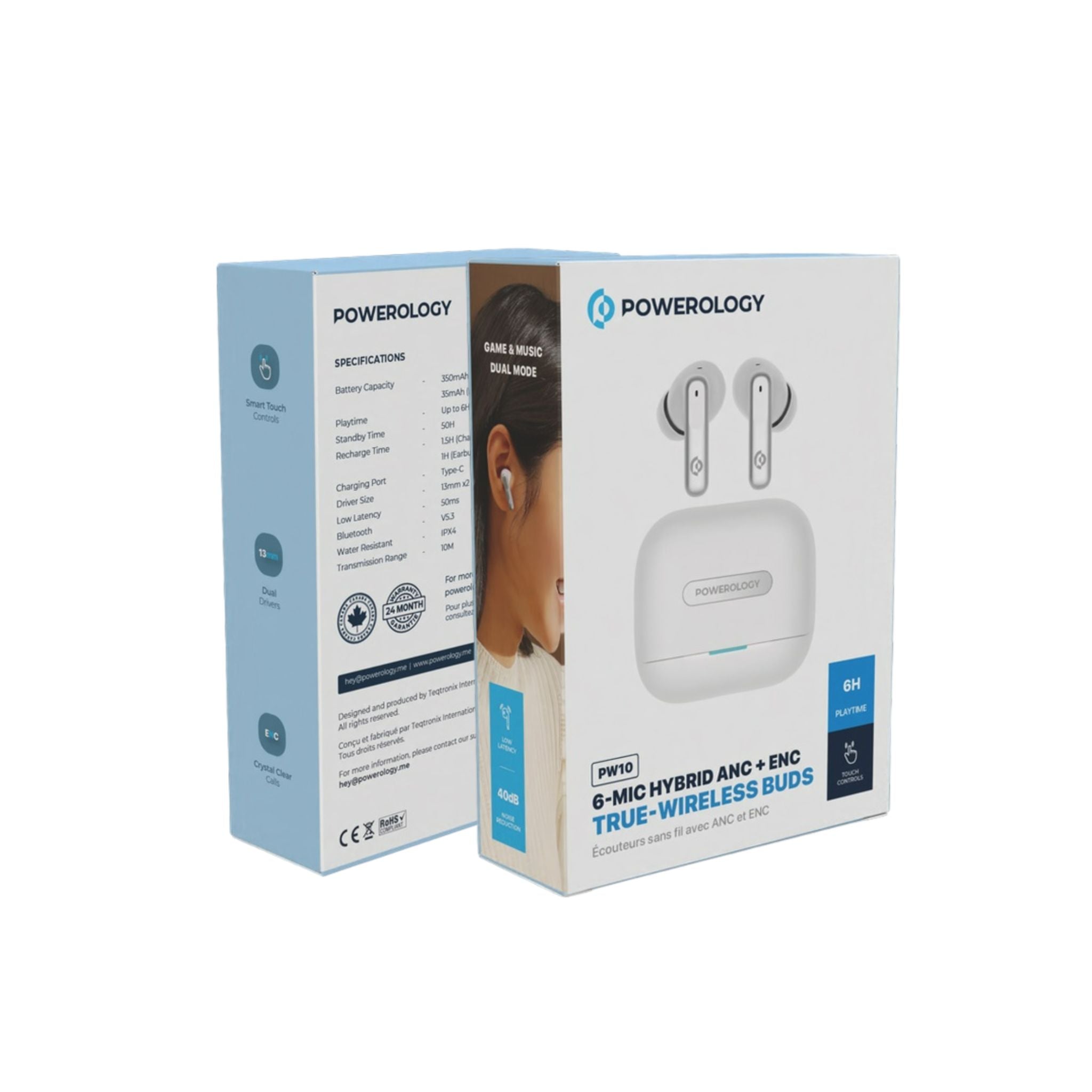 Powerology Hybrid True Wireless Earbuds with ANC + ENC, 6 Microphone, Bluetooth Version 5.3 & Type-C Charging Port - White