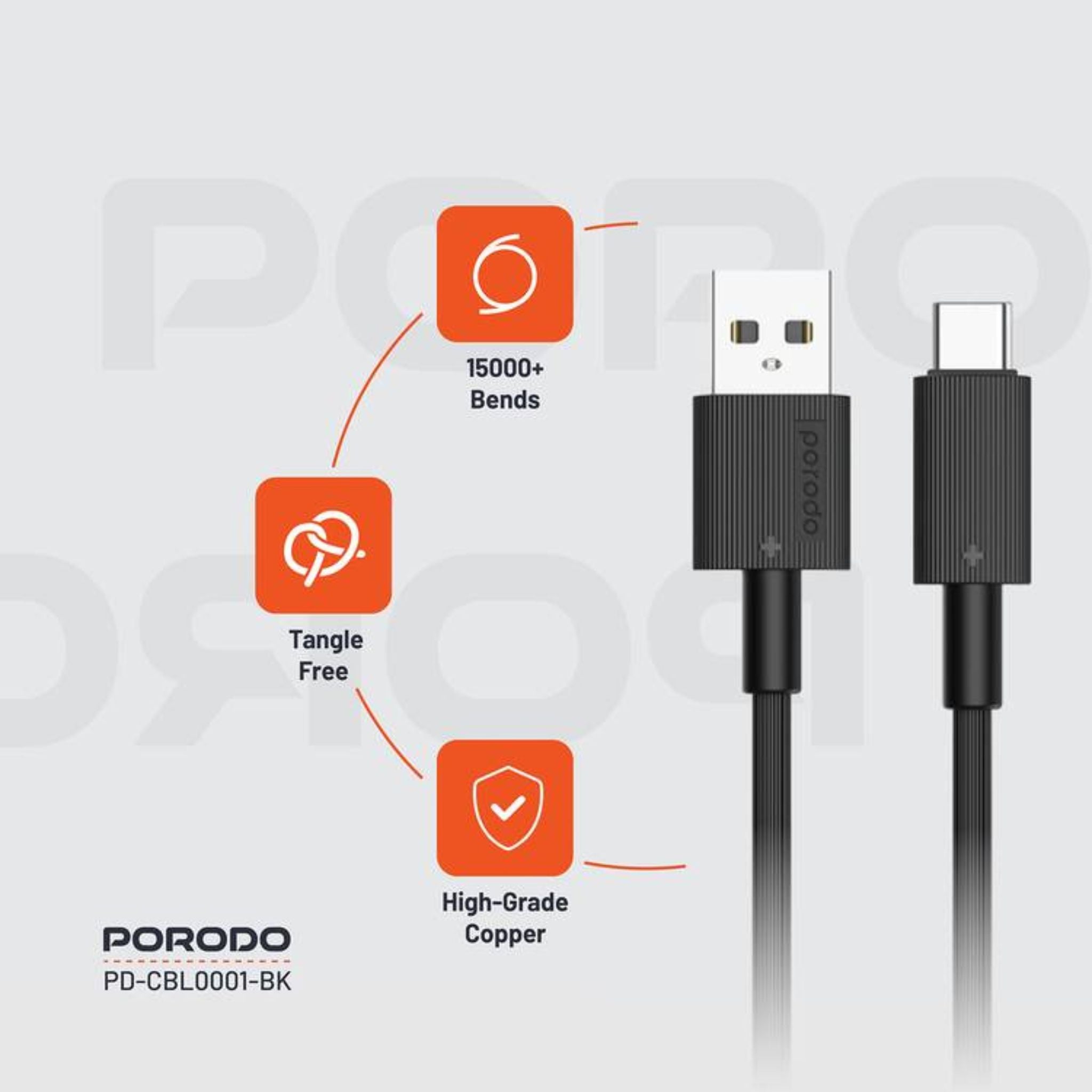 Porodo USB-A to USB-C PVC Cable, 480Mbps Transfer Speed, more than 15000 Bends Life Span, 1.2m Cable length, Tangle Free - Black