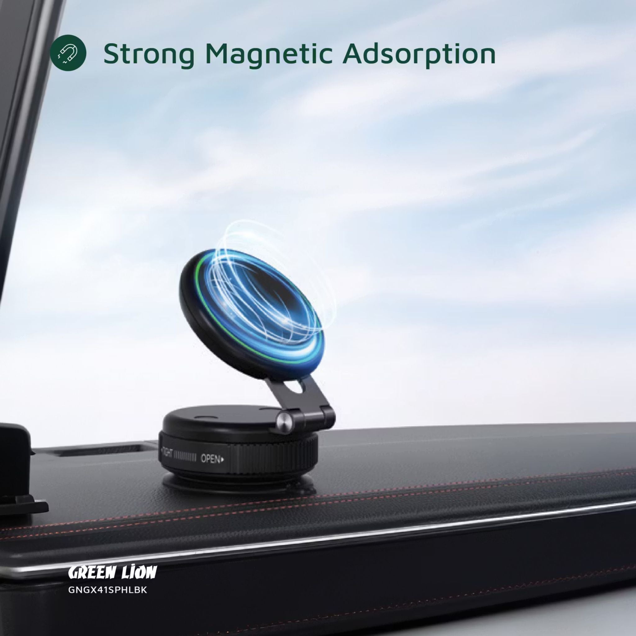 Green Lion GX-41 Suction Phone Holder with 1kg Adsorption Force, Magsafe Compatible, Swivel Lock Base, Wide Compatibility, Aluminum Alloy Arm, Foldable & Adjustable - Black