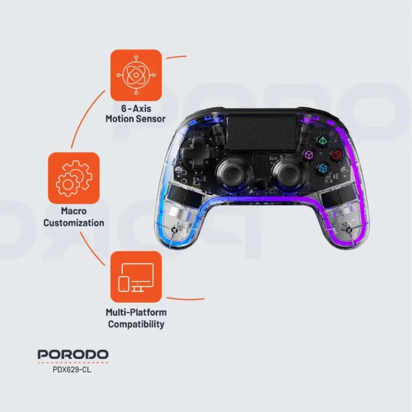 Porodo Gaming PS4 Gamepad Transparent Controller, PS4, PS3, PC (D-INPUT, X-INPUT), iOS, Android Compatibility, 3.5mm TRRS Audio Jack, Type-C Charging Port, 6-16 Hours Working Time - Clear