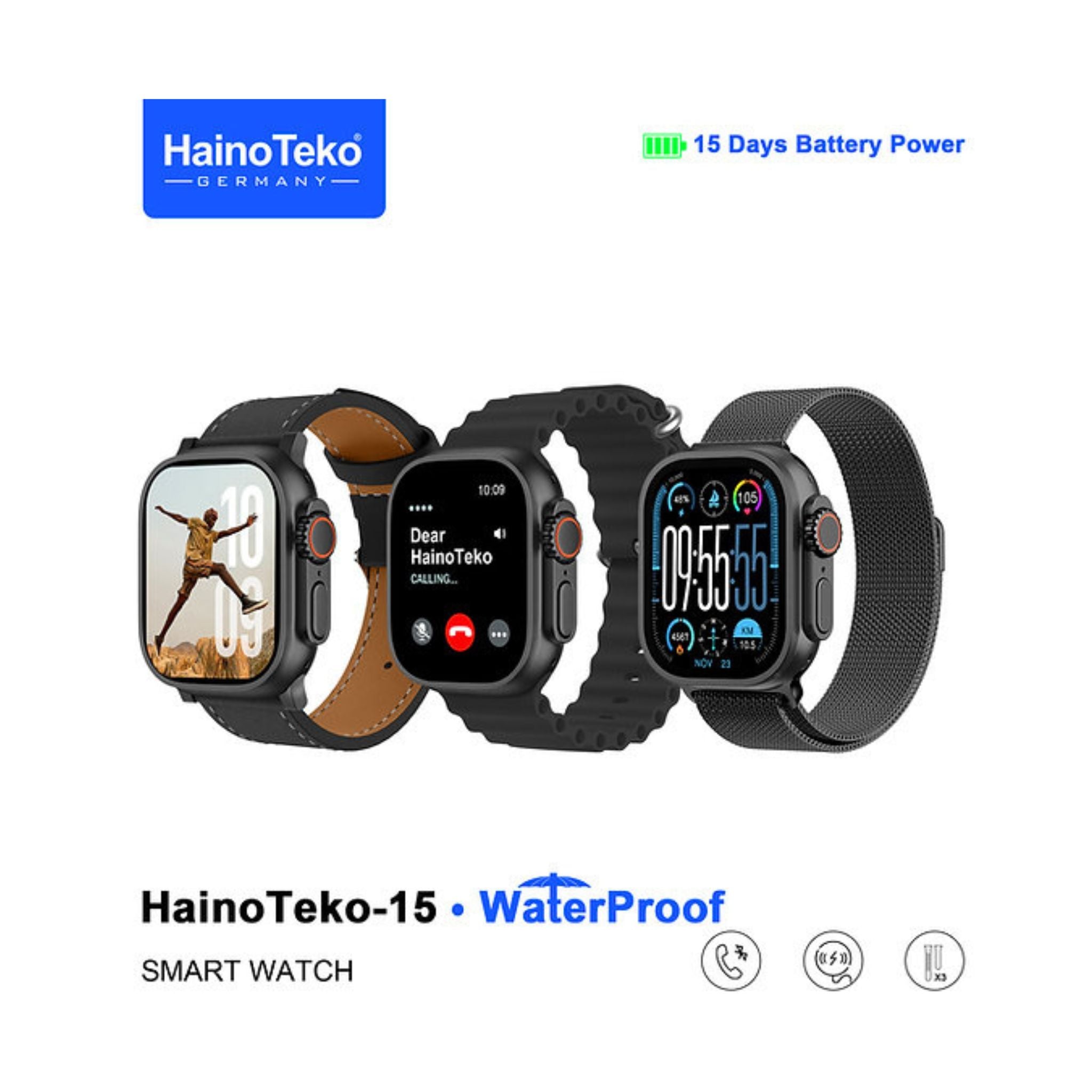 Haino Teko-15 Ultra 2 Waterproof Smart Watch With Full Screen AMOLED Display 3 Pairs of Straps and Charging Cable Designed for Ladies and Gents - Black