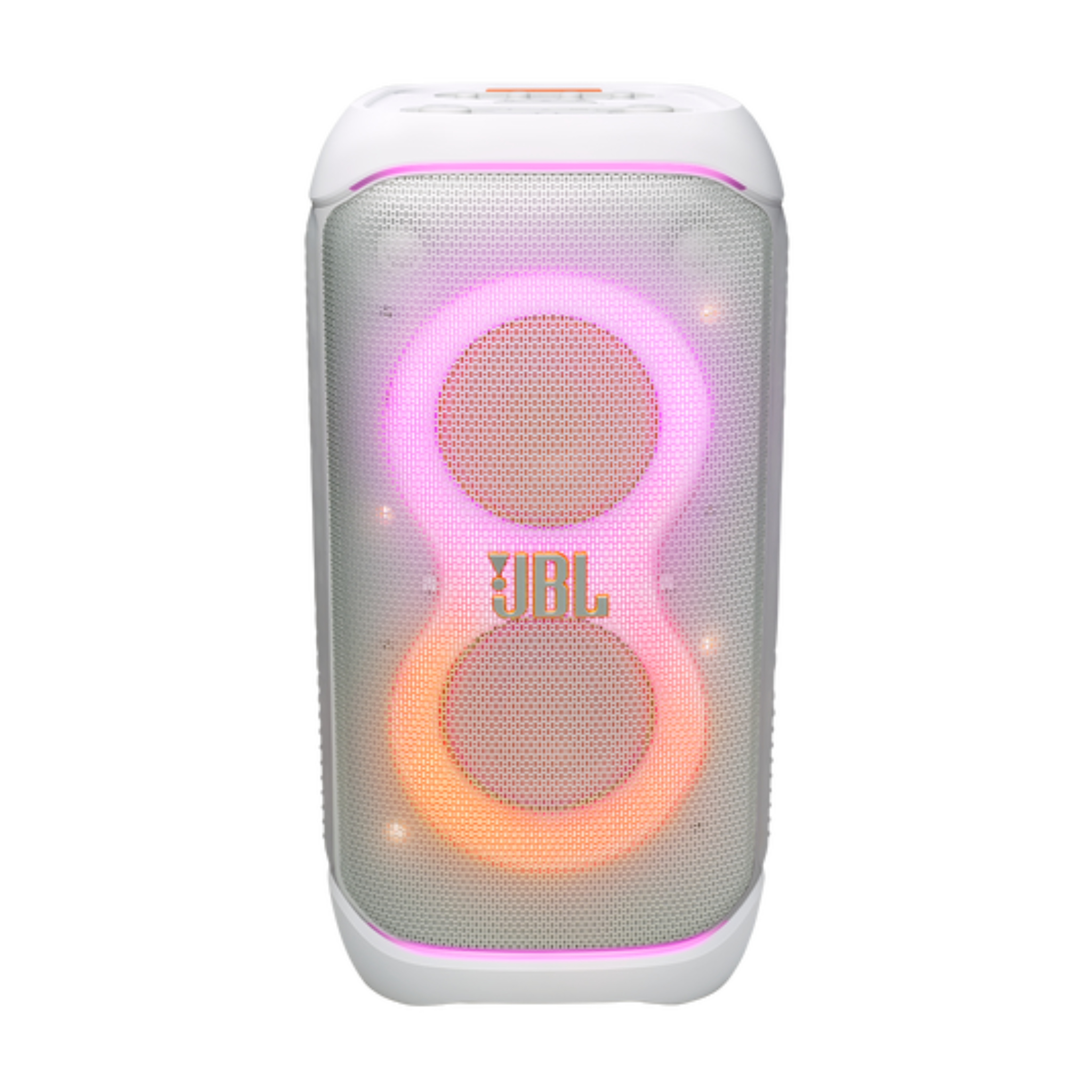 JBL Partybox 320, Portable Bluetooth 240W Party Speaker, AI Sound Boost, Futuristic Light Show, Multispeaker Connection by Auracast, Telescopic Handle & Wheels, Dual Guitar & Mic Inputs - White