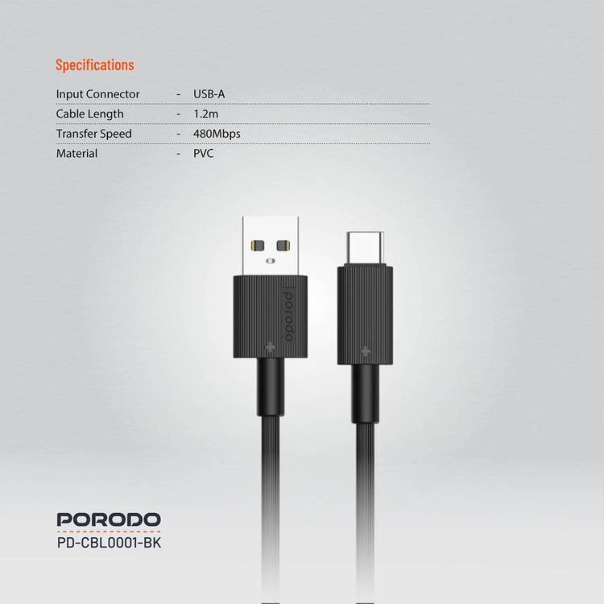 Porodo USB-A to USB-C PVC Cable, 480Mbps Transfer Speed, more than 15000 Bends Life Span, 1.2m Cable length, Tangle Free - Black