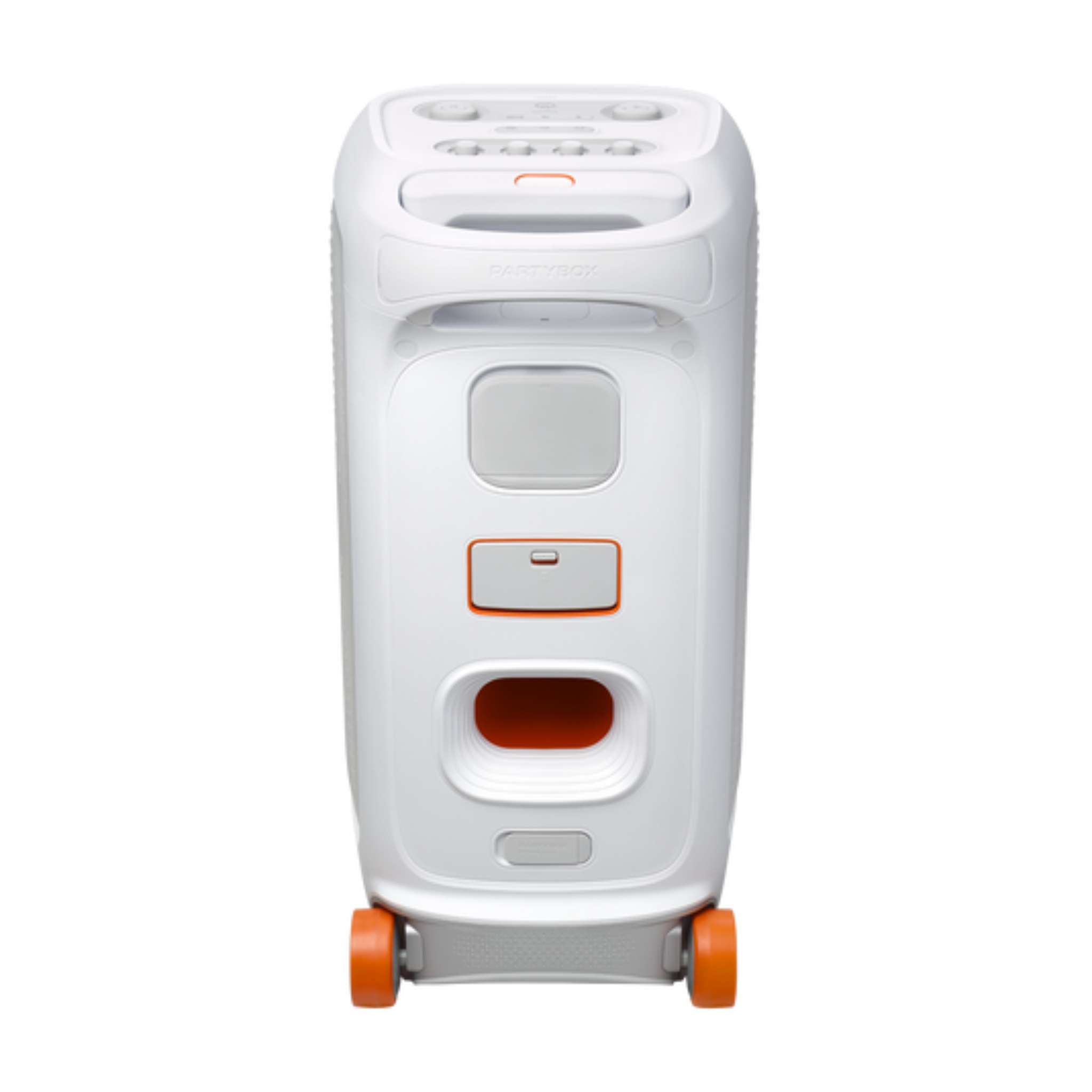JBL Partybox 320, Portable Bluetooth 240W Party Speaker, AI Sound Boost, Futuristic Light Show, Multispeaker Connection by Auracast, Telescopic Handle & Wheels, Dual Guitar & Mic Inputs - White