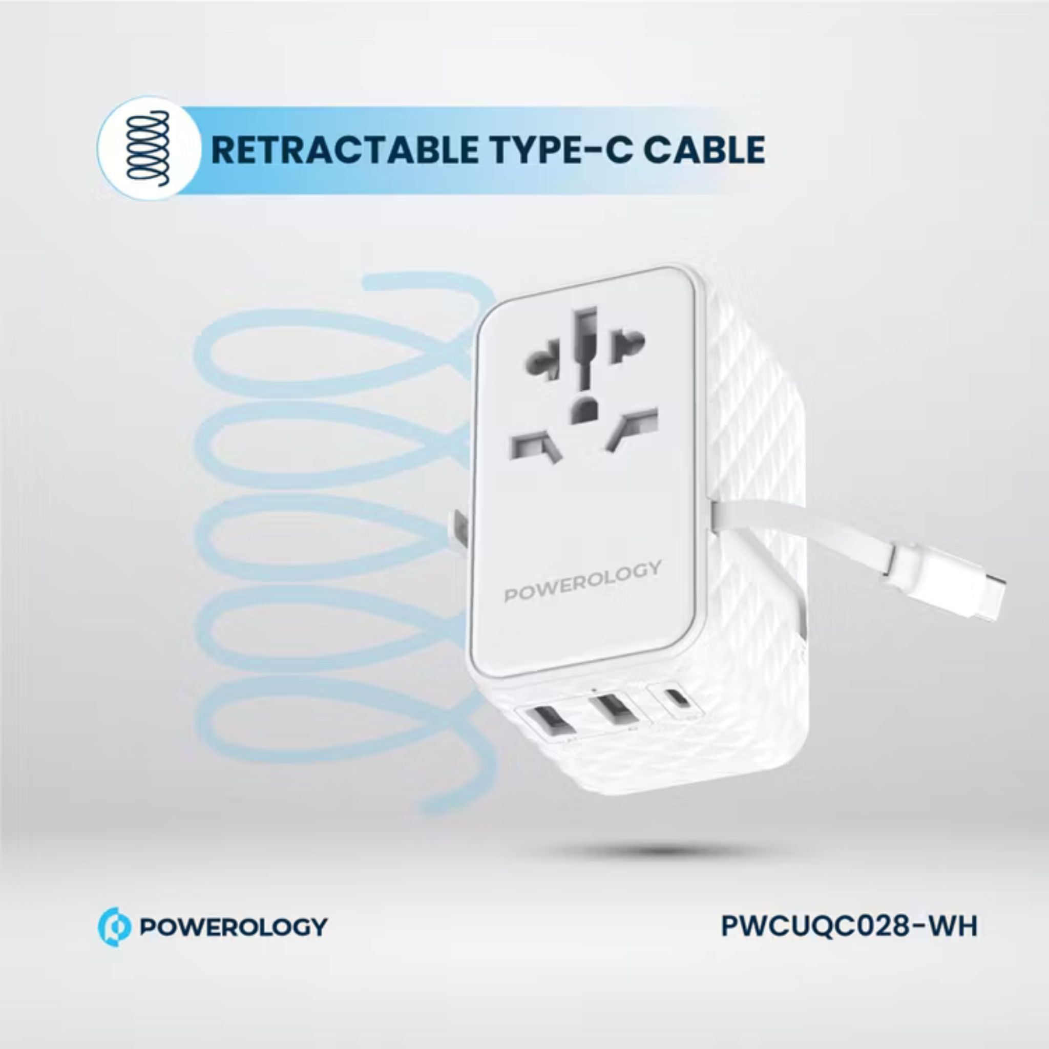 Powerology GaN 20W PD Universal Adapter with Retractable Type-C Cable, Simultaneous Charging, Includes Spare Fuse, Built-In Safeguard - White
