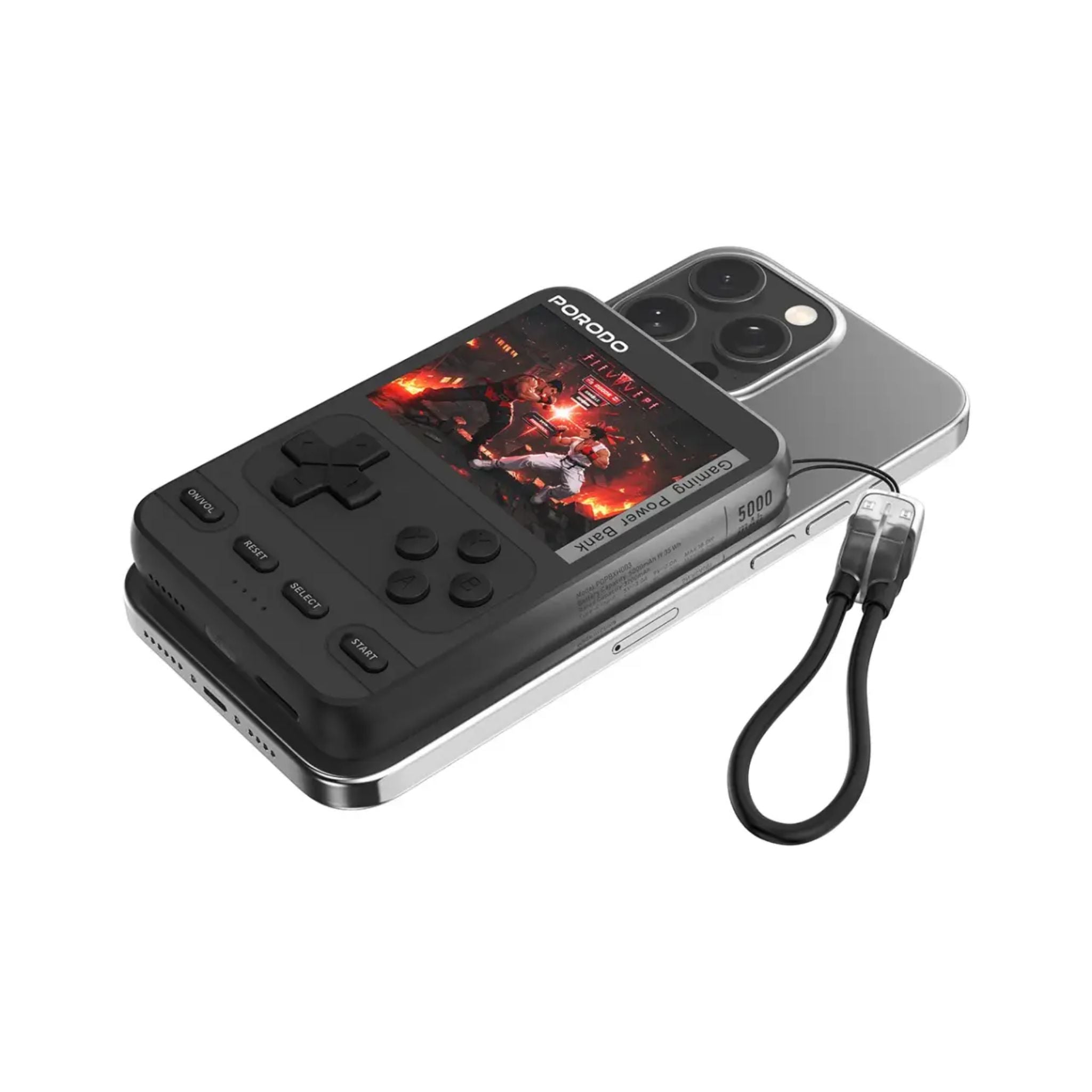 Black handheld gaming console with screen displaying graphics, connected to a smartphone on a white background.