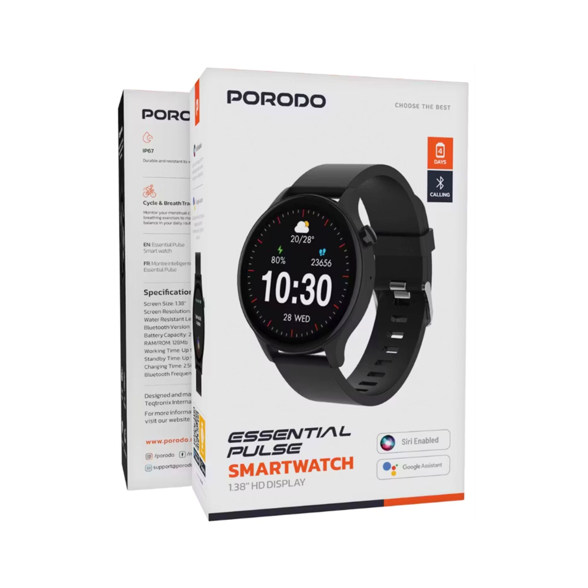 Porodo Essential Pulse Smart Watch with 1.38" HD Display, 128 Sports Modes, Bluetooth 5.4, 210mAh Battery, Up to 4 Days Usage, 12 Days Standby, 2.5H Charging Time, Heart Rate Monitor, Weather Forecast, iOS 12+ & Android 8.0+ Compatible – Black
