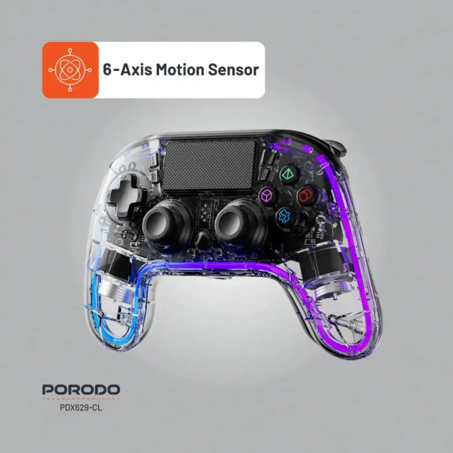 Porodo Gaming PS4 Gamepad Transparent Controller, PS4, PS3, PC (D-INPUT, X-INPUT), iOS, Android Compatibility, 3.5mm TRRS Audio Jack, Type-C Charging Port, 6-16 Hours Working Time - Clear