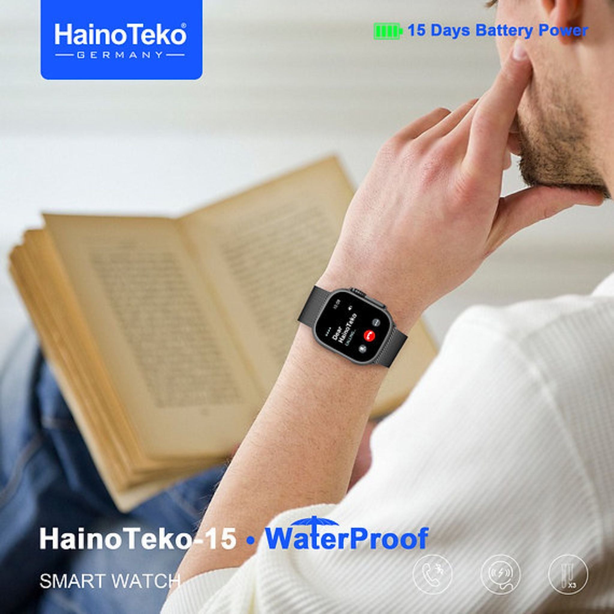 Haino Teko-15 Ultra 2 Waterproof Smart Watch With Full Screen AMOLED Display 3 Pairs of Straps and Charging Cable Designed for Ladies and Gents - Black