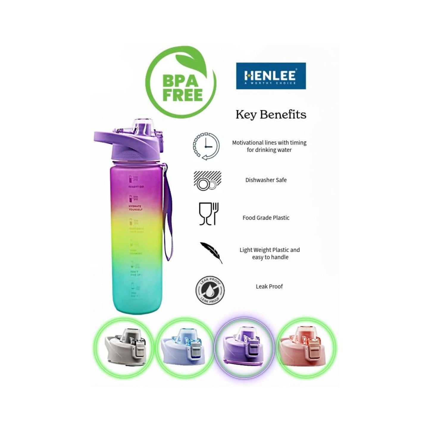 Henlee Water Bottle Violet with Time Indicator Leak proof & BPA free Portable Reusable Drinking 1L Water Jug for Men Women Kids Student to Camping Office School Gym Workout 29.5x5x7.5cm_Violet