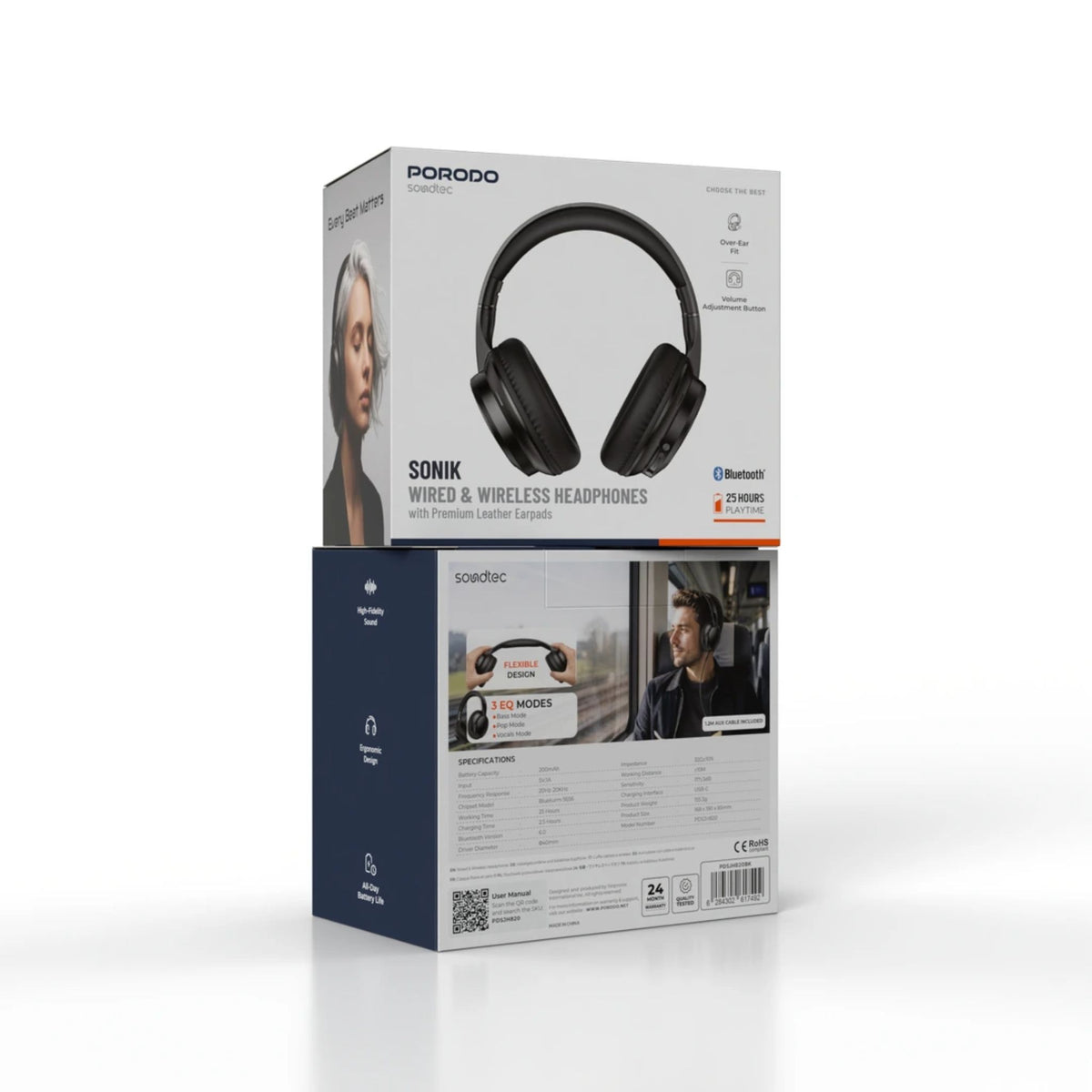 Porodo Soundtec Sonik Wired & Wireless Headphones, Bluetooth 6.0, 40mm Drivers, 25 Hours Playtime, 3 EQ Modes, Premium Leather Earpads, Over-Ear Design, USB-C, AUX Cable-Black