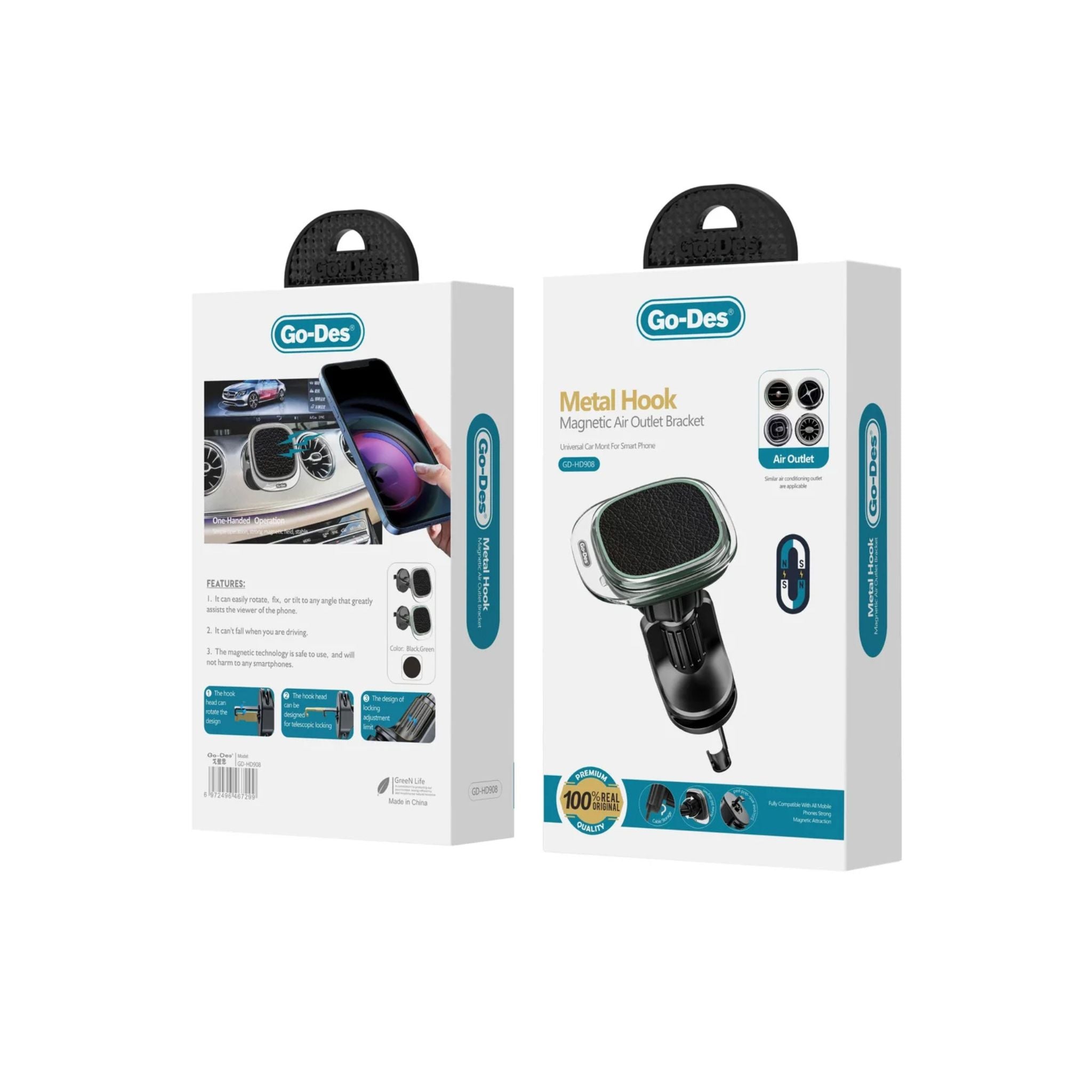 Go-Des Magnetic Air Vent Phone Holder with Metal Hook Strong Magnetic Grip and 360 Degree Rotation- Black