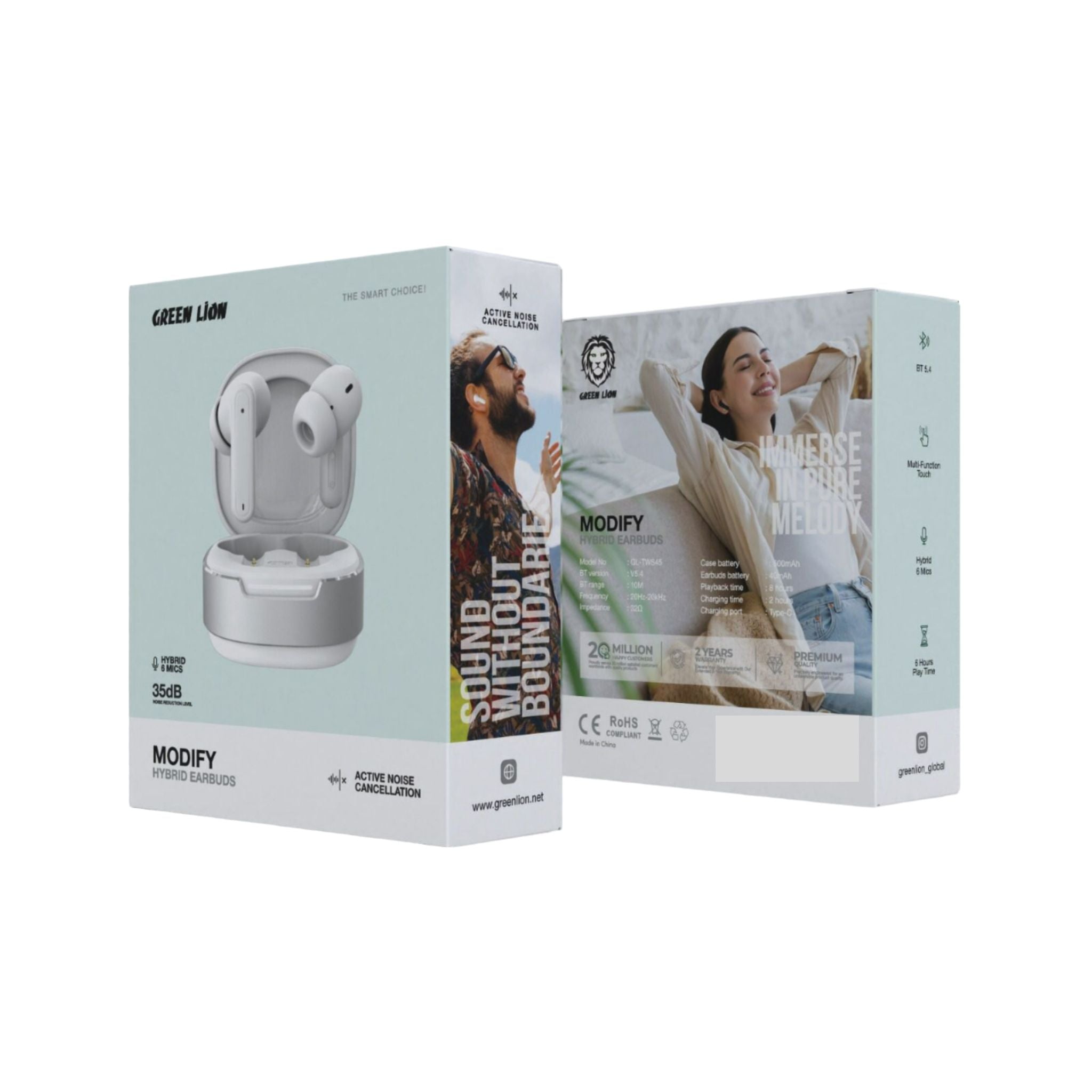Green Lion Modify Hybrid Earbuds, Noise Reduction, ANC, Bluetooth version 5.4, Hybrid 6 Mics - White