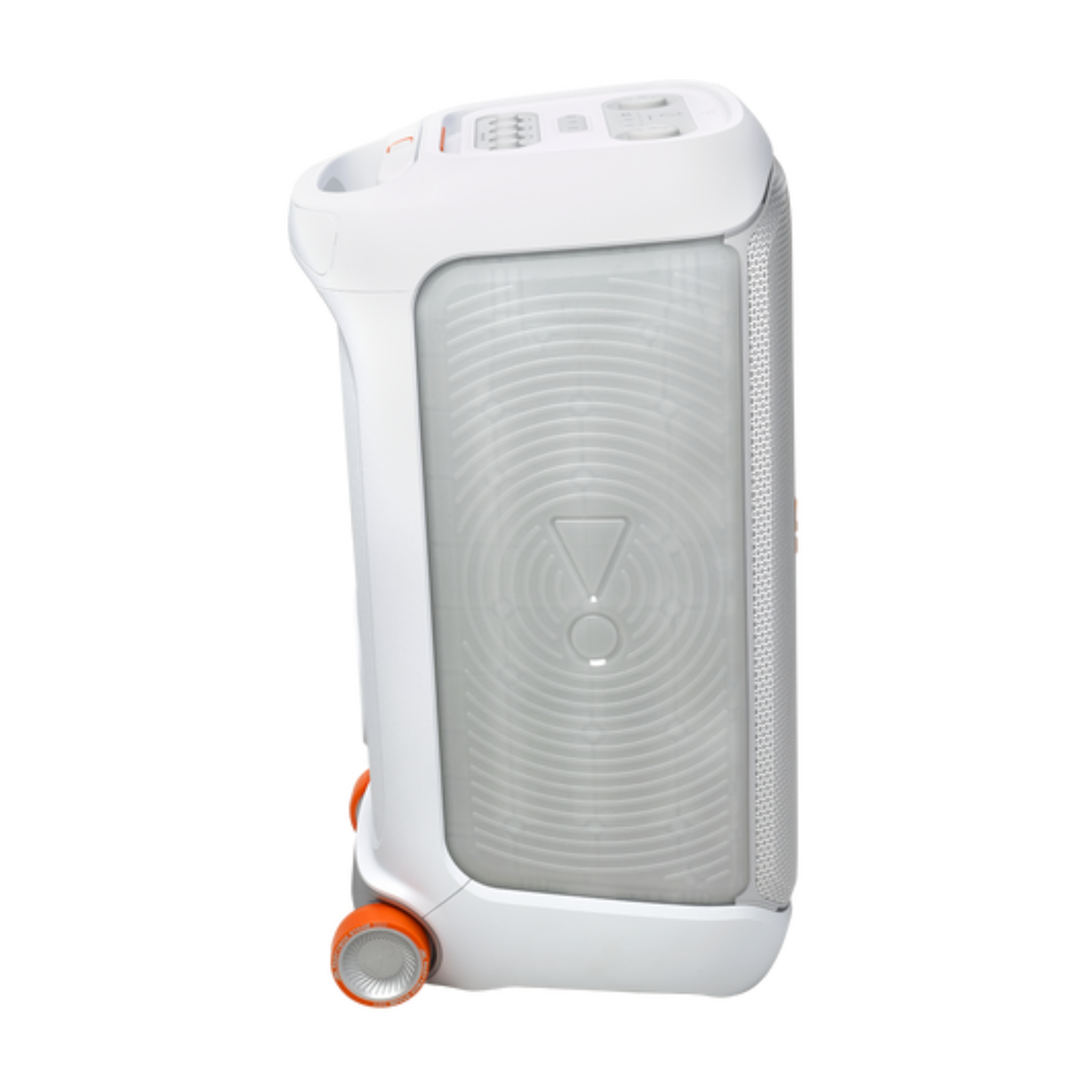 JBL Partybox 320, Portable Bluetooth 240W Party Speaker, AI Sound Boost, Futuristic Light Show, Multispeaker Connection by Auracast, Telescopic Handle & Wheels, Dual Guitar & Mic Inputs - White