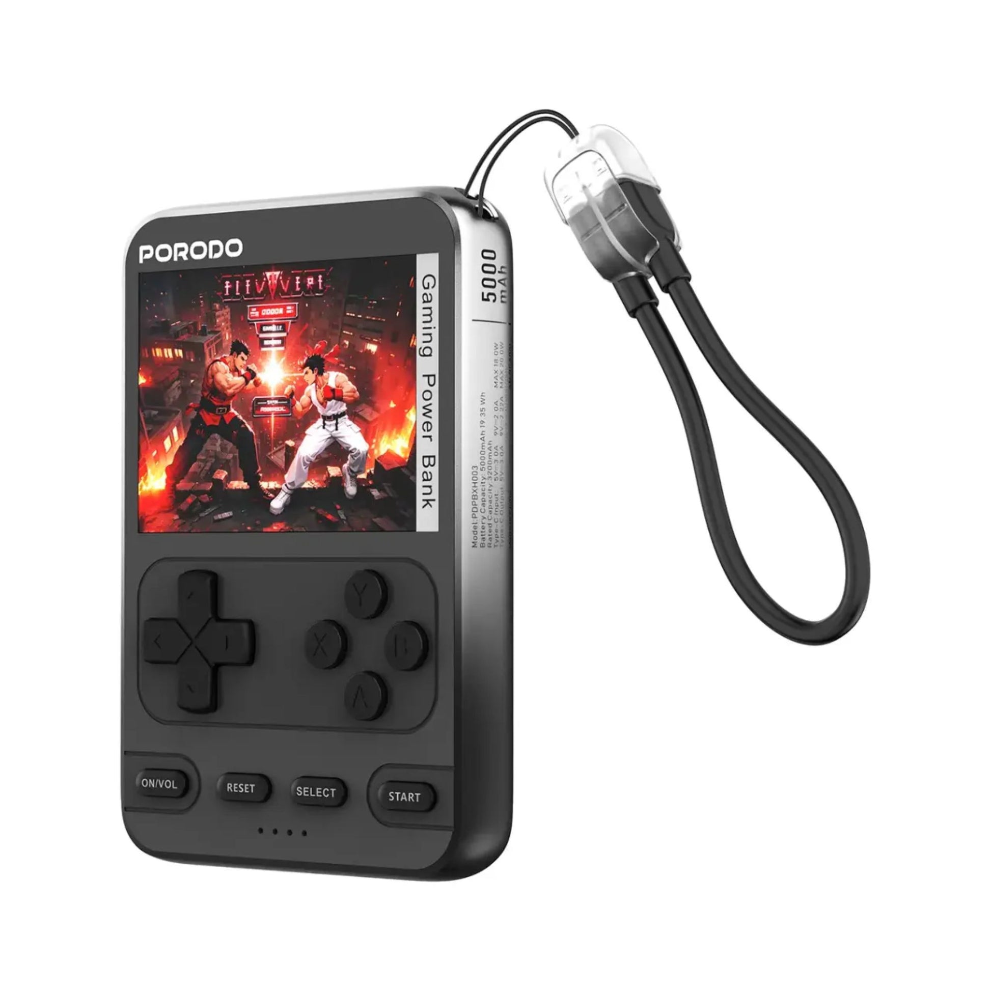 Handheld gaming console with power bank feature on a white background