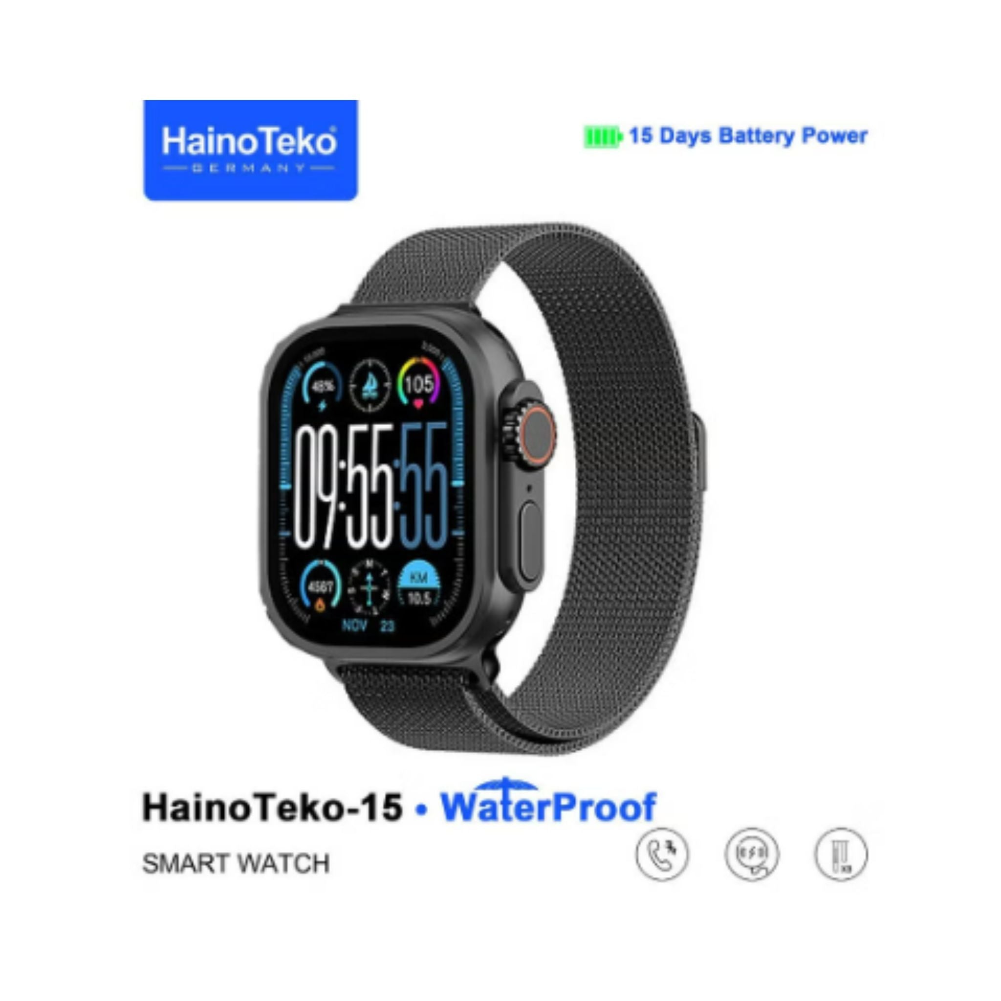 Haino Teko-15 Ultra 2 Waterproof Smart Watch With Full Screen AMOLED Display 3 Pairs of Straps and Charging Cable Designed for Ladies and Gents - Black