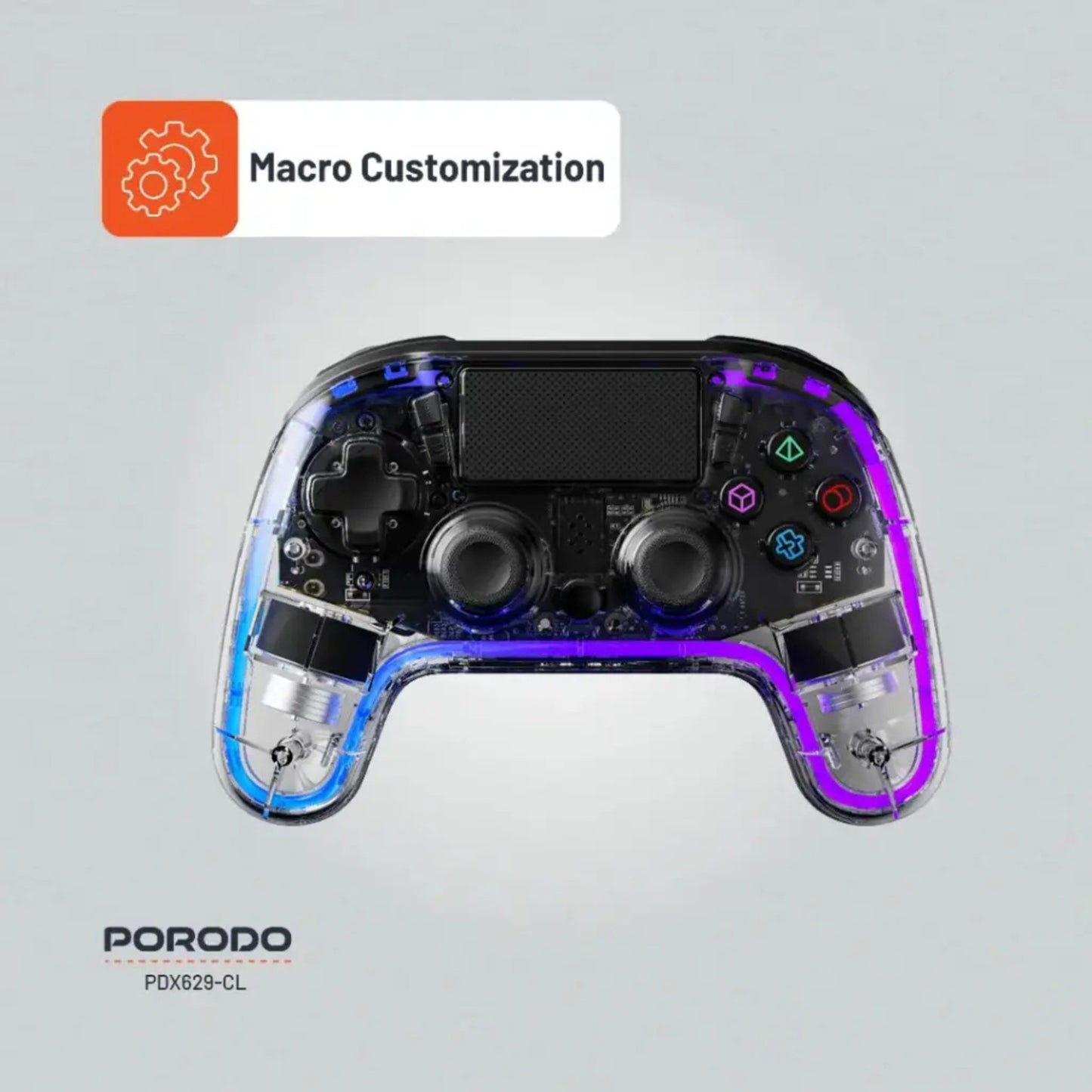 Porodo Gaming PS4 Gamepad Transparent Controller, PS4, PS3, PC (D-INPUT, X-INPUT), iOS, Android Compatibility, 3.5mm TRRS Audio Jack, Type-C Charging Port, 6-16 Hours Working Time - Clear