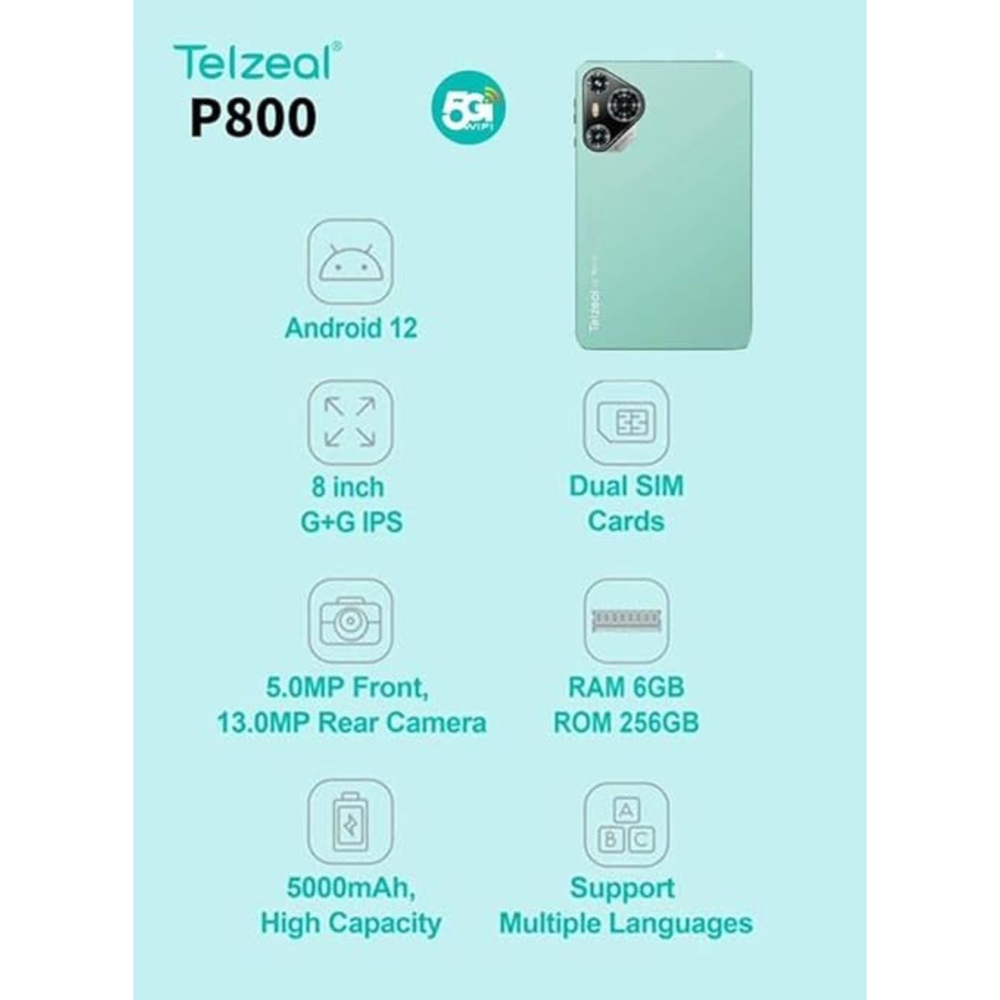 Telzeal P800 Tablet 8 Inch Android 12 Tablet with Dual SIM 6GB RAM 256GB ROM 5G WiFi 5000mAh Battery and Wireless Keyboard -Green