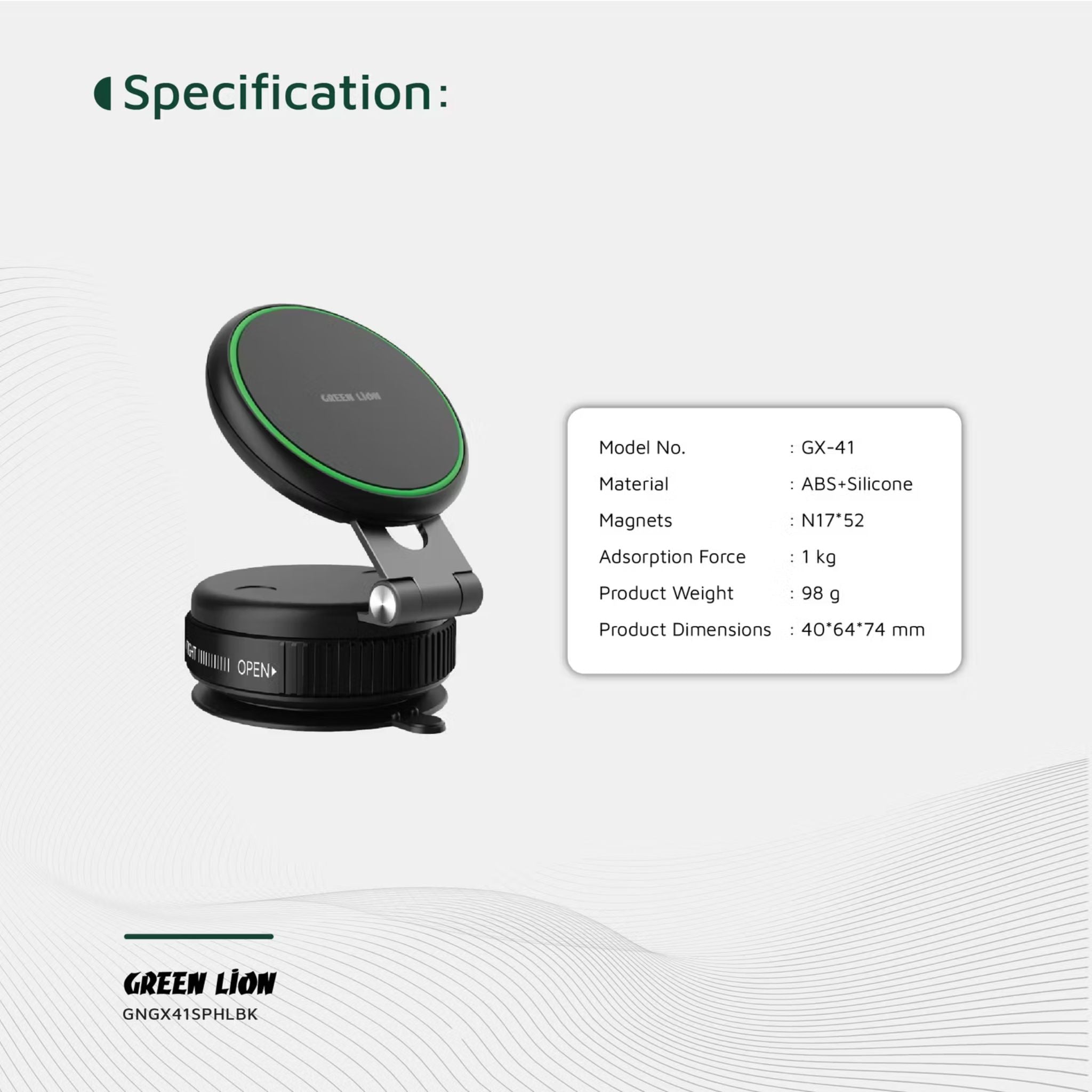 Green Lion GX-41 Suction Phone Holder with 1kg Adsorption Force, Magsafe Compatible, Swivel Lock Base, Wide Compatibility, Aluminum Alloy Arm, Foldable & Adjustable - Black