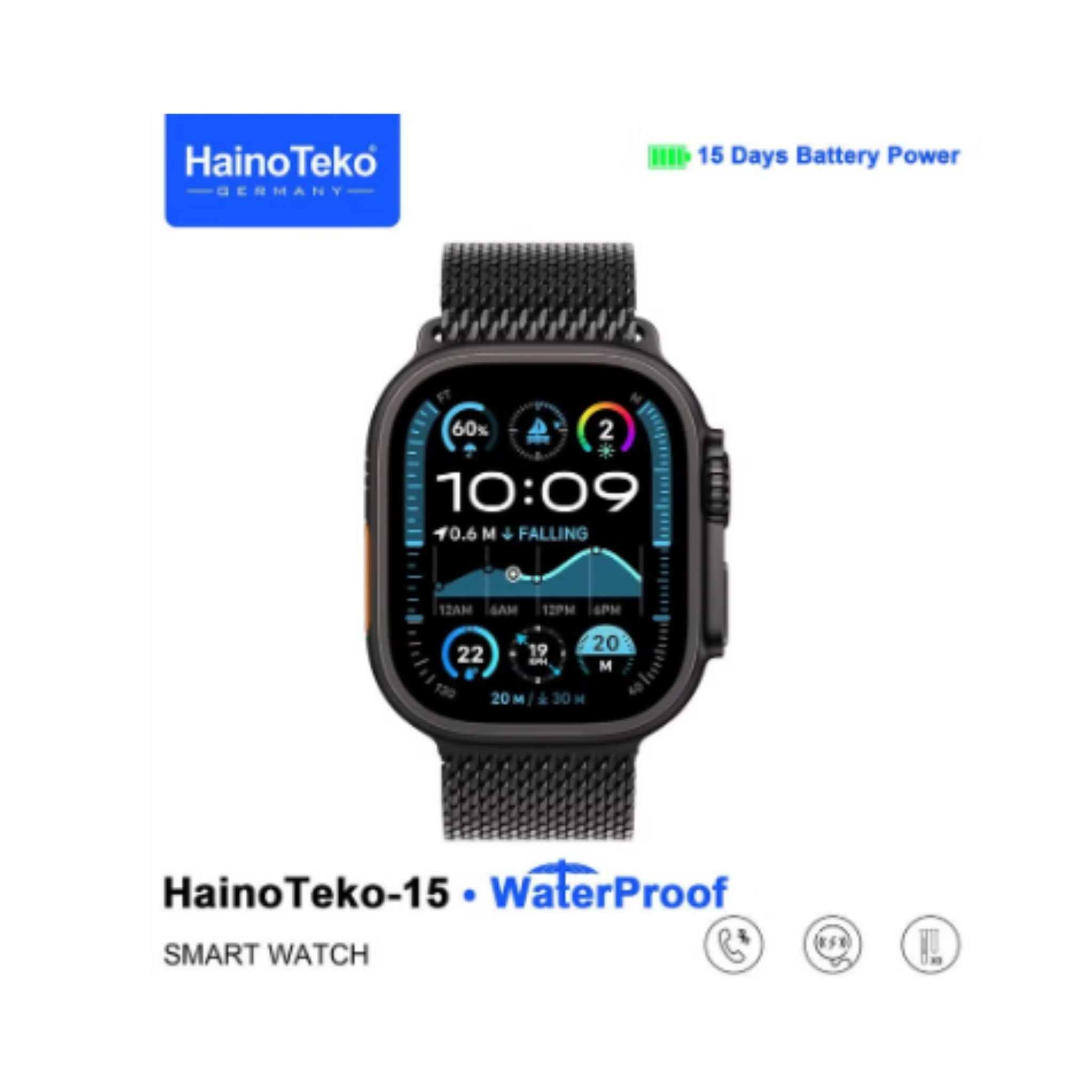Haino Teko-15 Ultra 2 Waterproof Smart Watch With Full Screen AMOLED Display 3 Pairs of Straps and Charging Cable Designed for Ladies and Gents - Black
