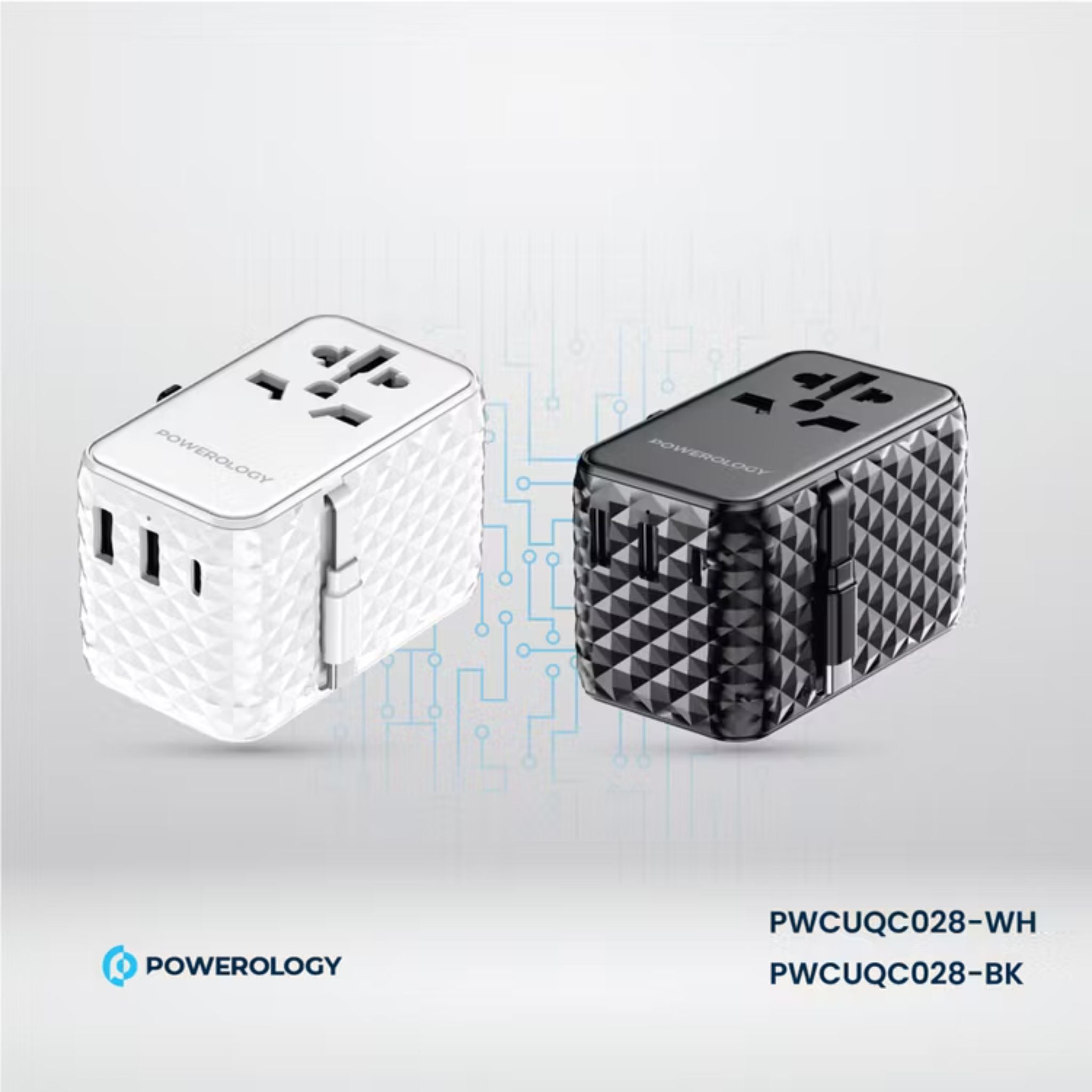 Powerology GaN 20W PD Universal Adapter with Retractable Type-C Cable, Simultaneous Charging, Includes Spare Fuse, Built-In Safeguard - White