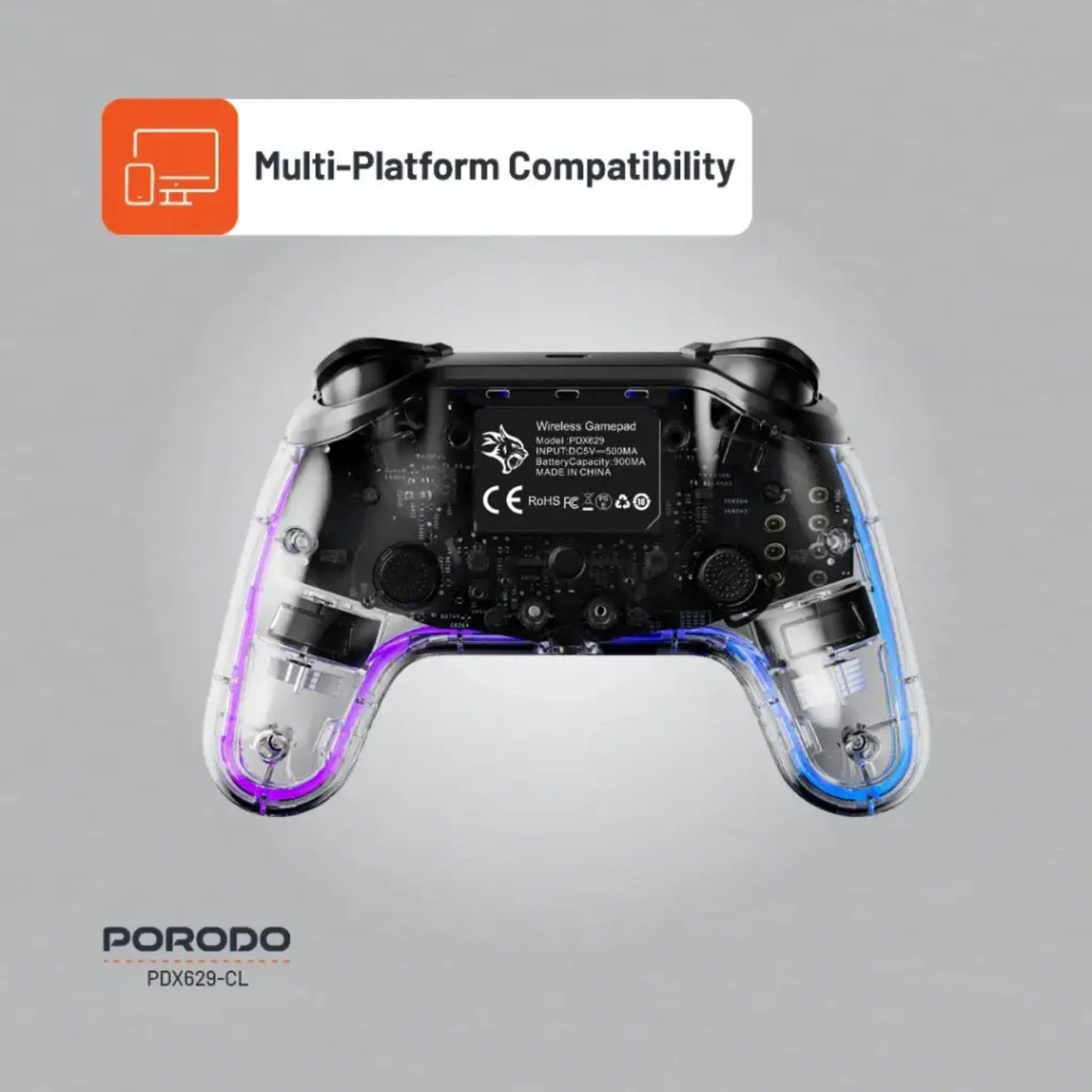 Porodo Gaming PS4 Gamepad Transparent Controller, PS4, PS3, PC (D-INPUT, X-INPUT), iOS, Android Compatibility, 3.5mm TRRS Audio Jack, Type-C Charging Port, 6-16 Hours Working Time - Clear