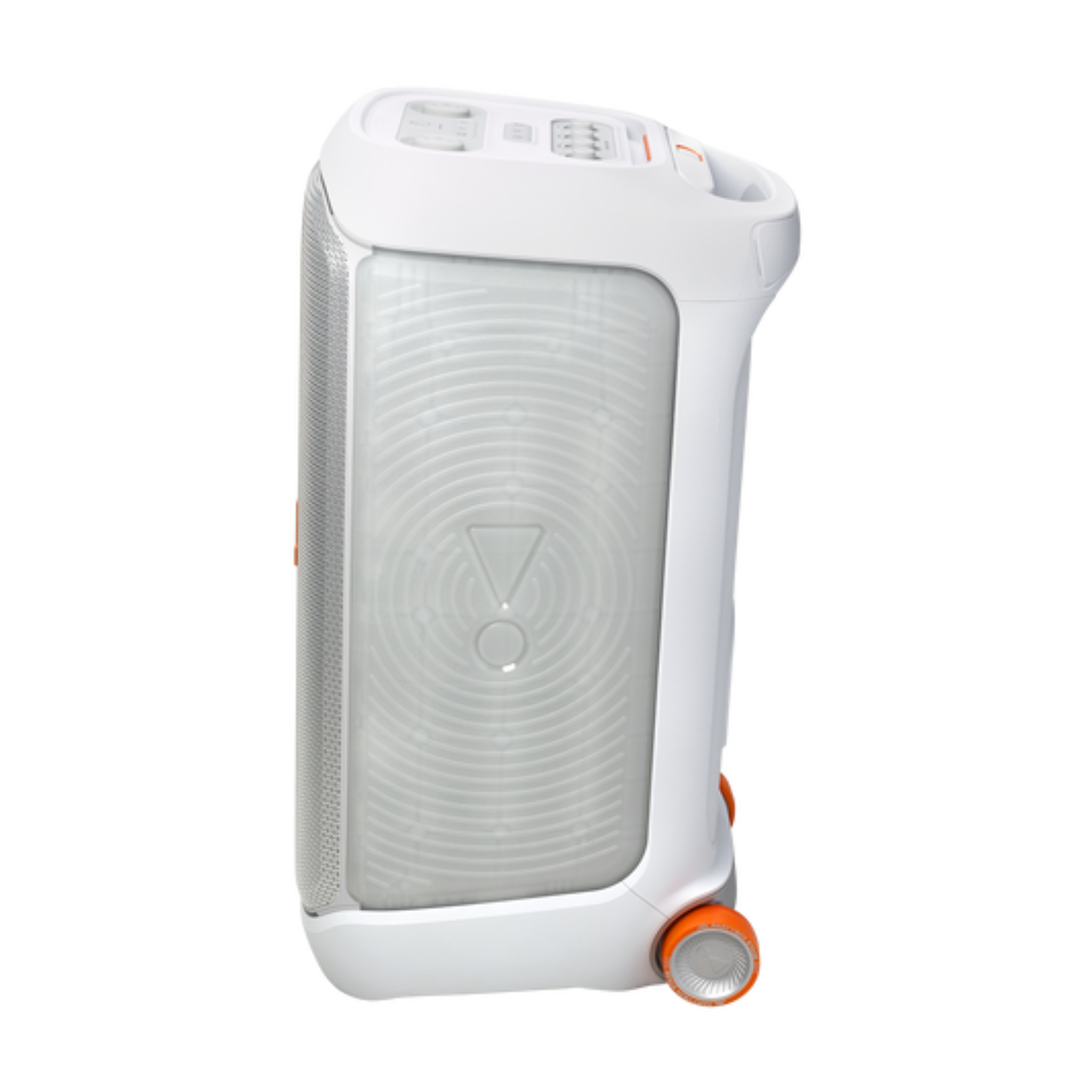 JBL Partybox 320, Portable Bluetooth 240W Party Speaker, AI Sound Boost, Futuristic Light Show, Multispeaker Connection by Auracast, Telescopic Handle & Wheels, Dual Guitar & Mic Inputs - White