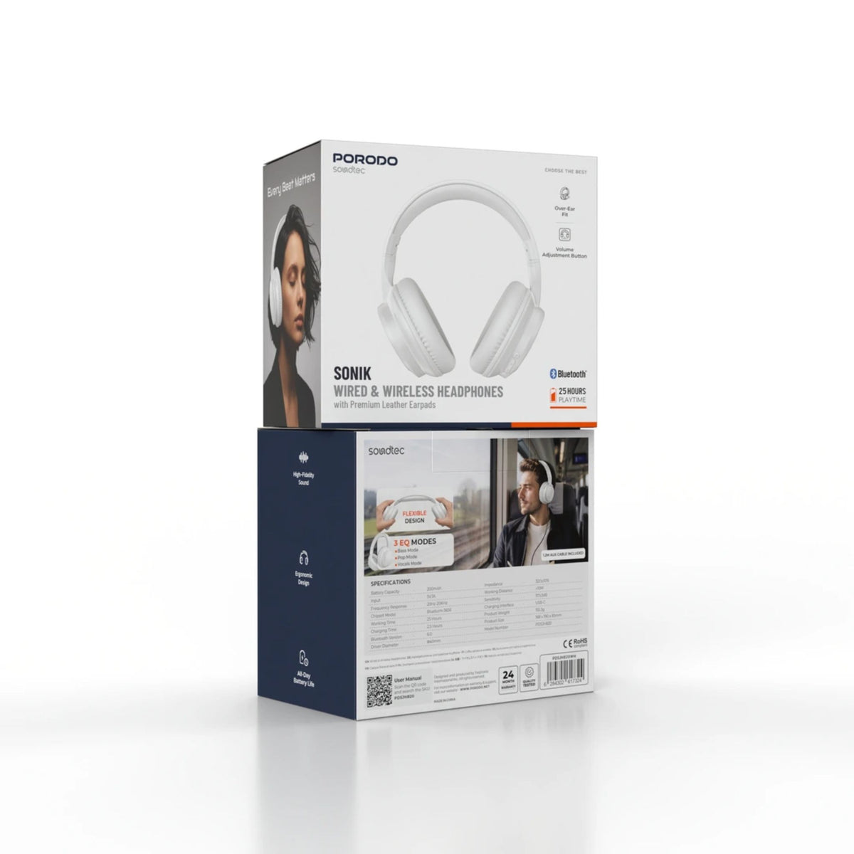 Porodo Soundtec Sonik Wired & Wireless Headphones, Bluetooth 6.0, 40mm Drivers, 25 Hours Playtime, 3 EQ Modes, Premium Leather Earpads, Over-Ear Design, USB-C, AUX Cable- White