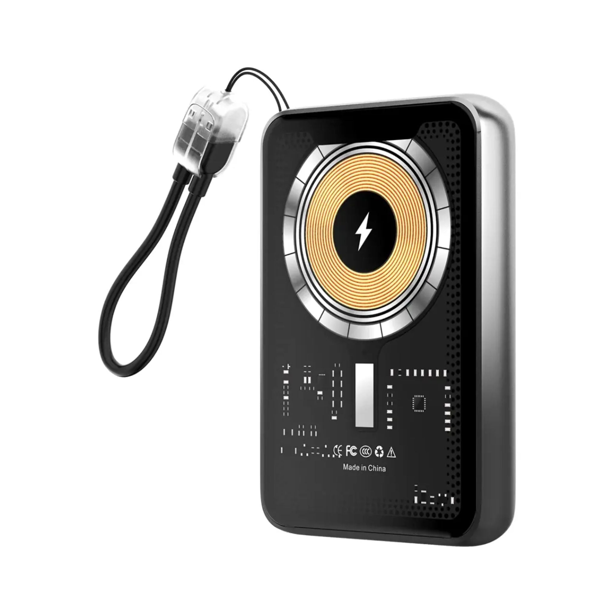 Black portable device with a circular design and lightning bolt symbol on a white background