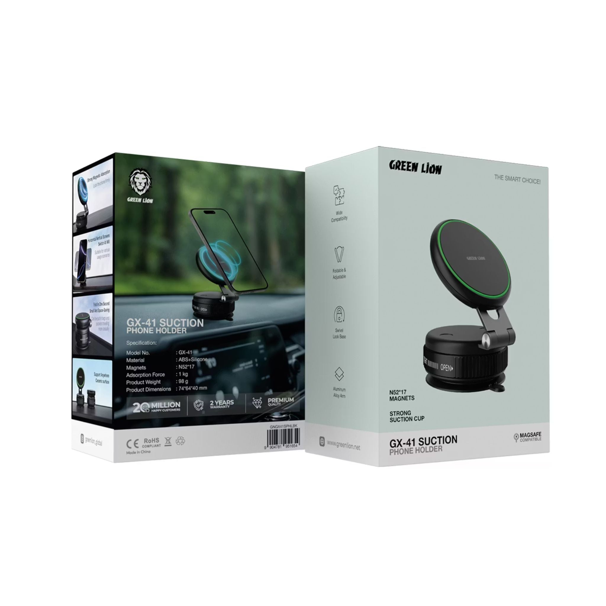 Green Lion GX-41 Suction Phone Holder with 1kg Adsorption Force, Magsafe Compatible, Swivel Lock Base, Wide Compatibility, Aluminum Alloy Arm, Foldable & Adjustable - Black
