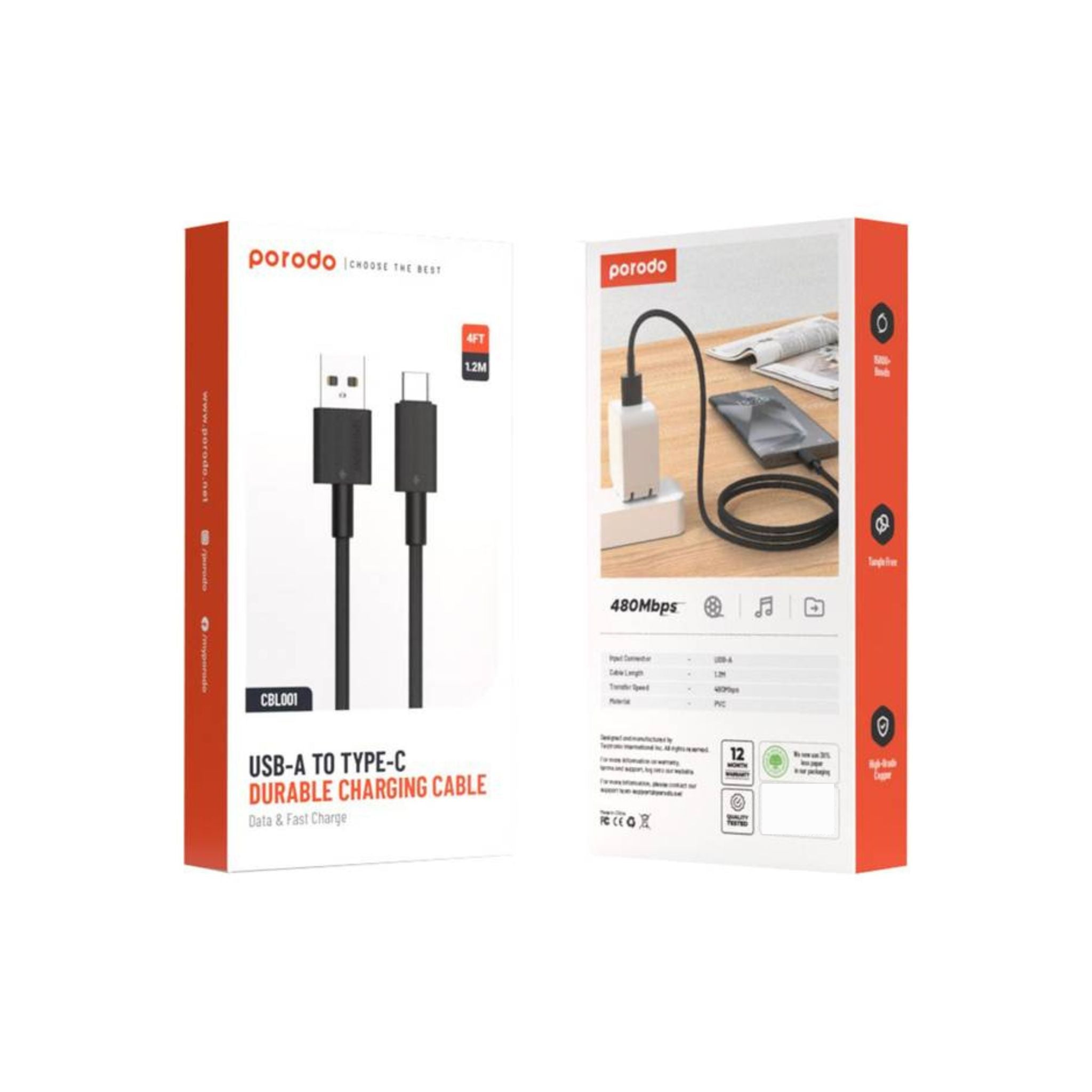 Porodo USB-A to USB-C PVC Cable, 480Mbps Transfer Speed, more than 15000 Bends Life Span, 1.2m Cable length, Tangle Free - Black