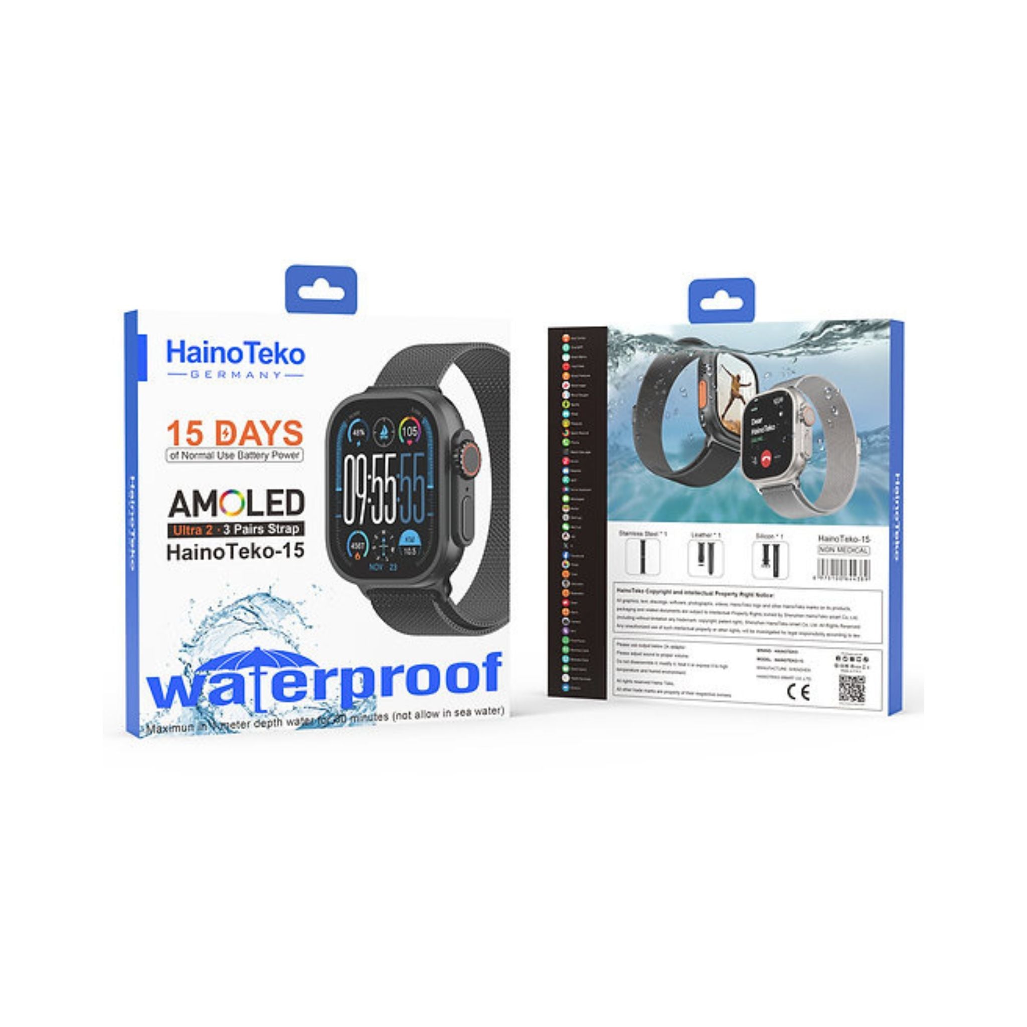 Haino Teko-15 Ultra 2 Waterproof Smart Watch With Full Screen AMOLED Display 3 Pairs of Straps and Charging Cable Designed for Ladies and Gents - Black