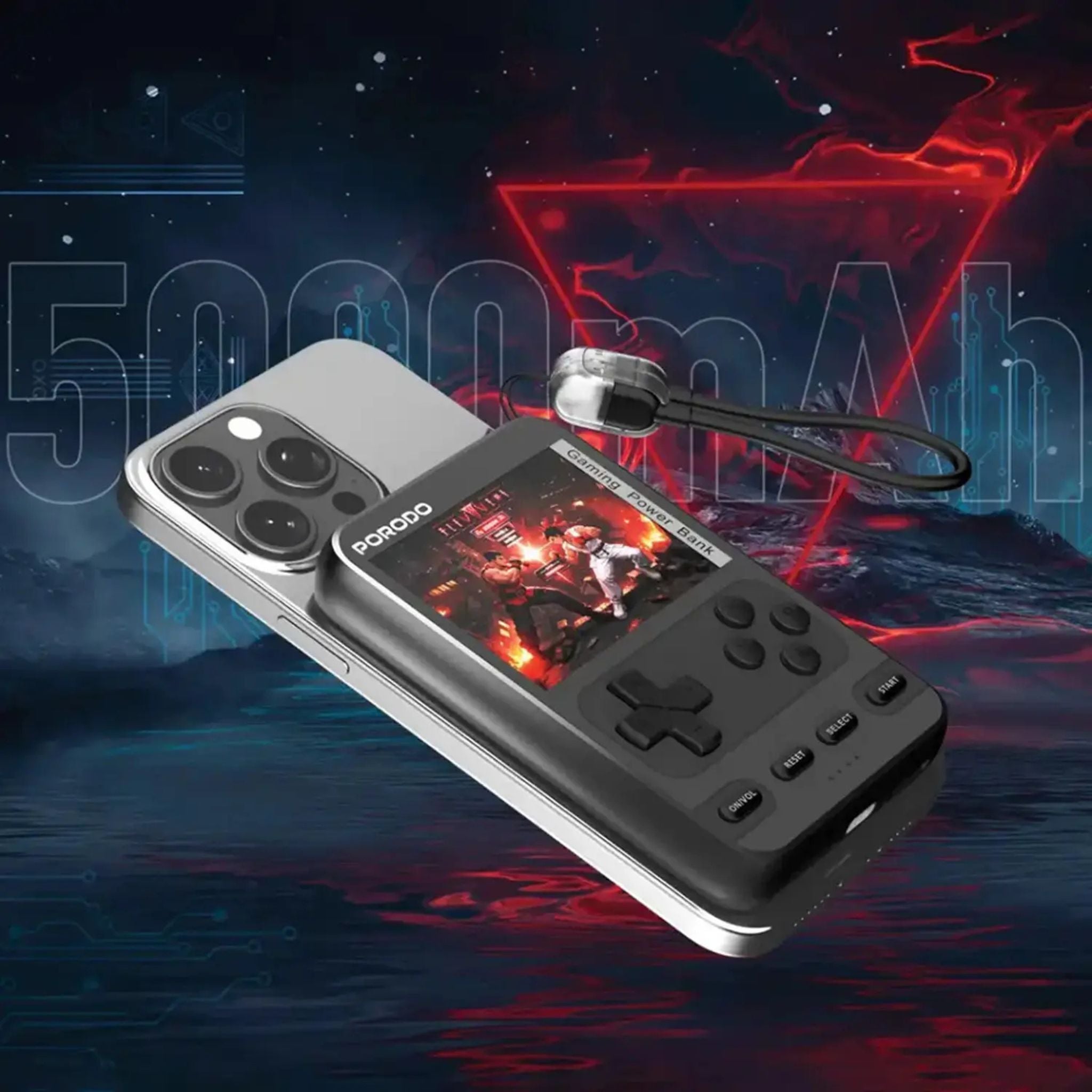 Handheld gaming console with phone case on a dynamic background