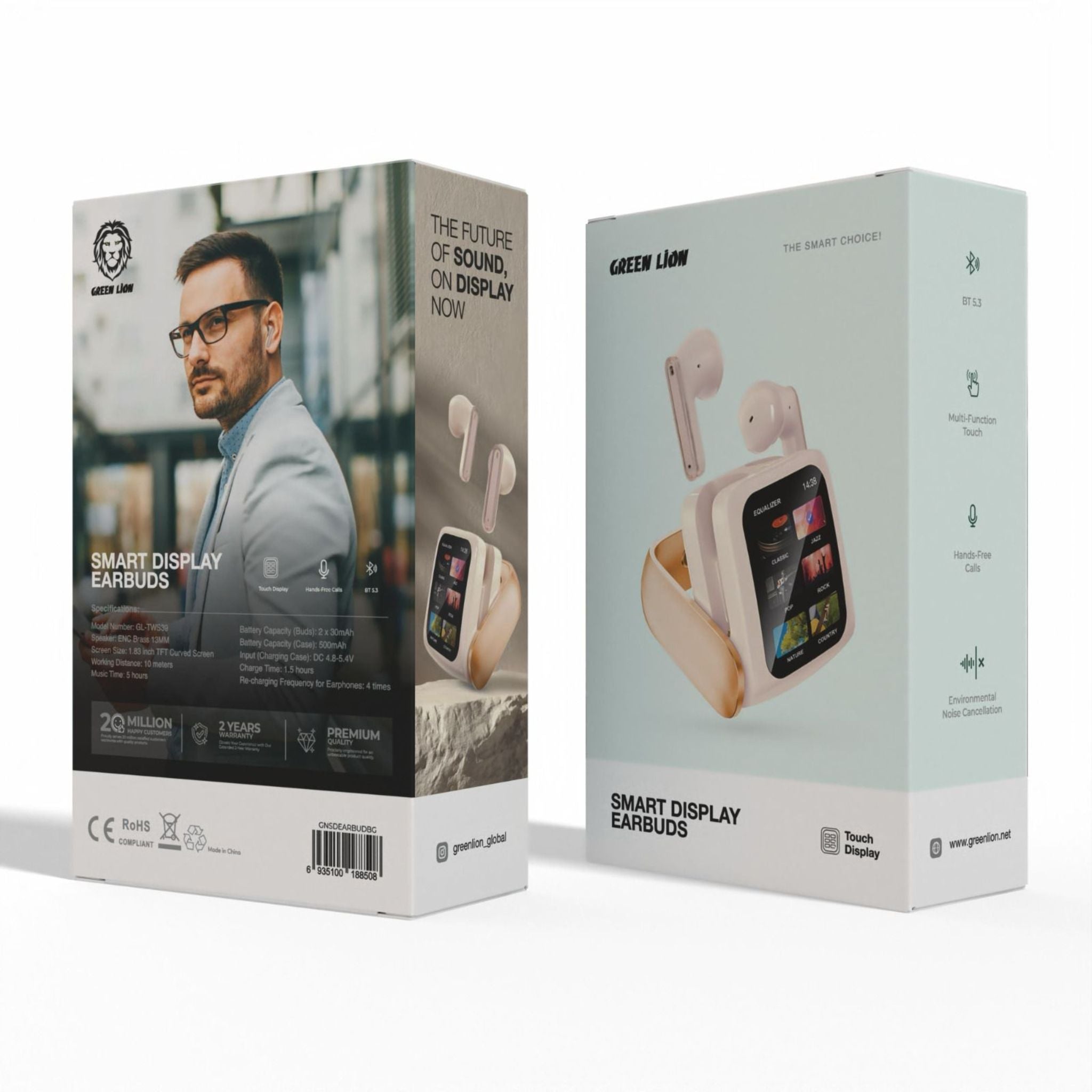 Green Lion Smart Display Earbuds with Multi-Function Touch Screen, Up to 5 Hours Play Time, 13mm Brass Speaker Driver, 500 mAh Charging Case Battery, Environmental Noise Cancellation Technology - Beige