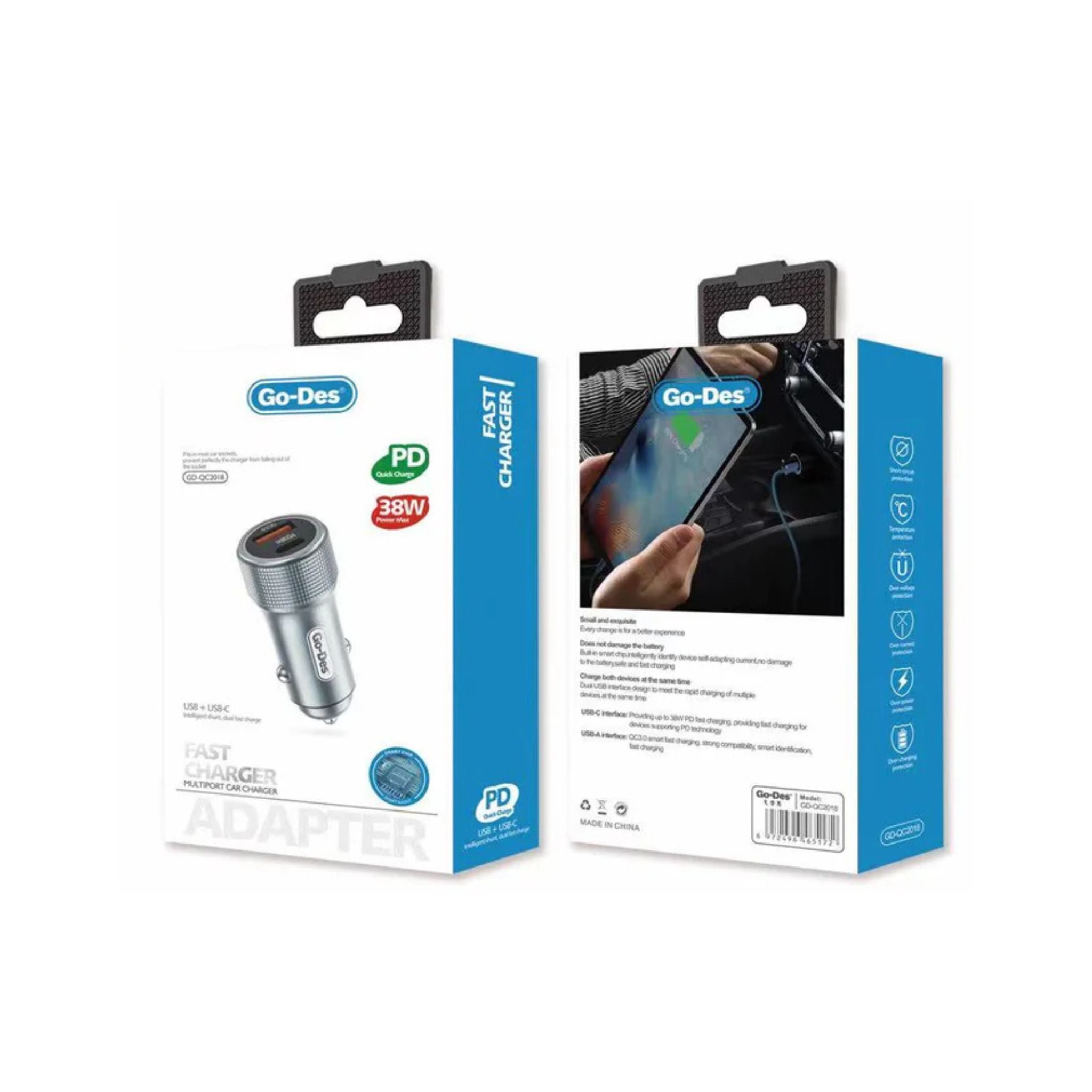 Go-Des Phone Pd Qc 3 Pd38w Qc3.0 20W 30W Usbc Type-c Dual Port Mini Car Charger Dual Port 3A High Speed QC 3.0 Car Cigarette Charger 18W PD USB C Quick Charging - Grey