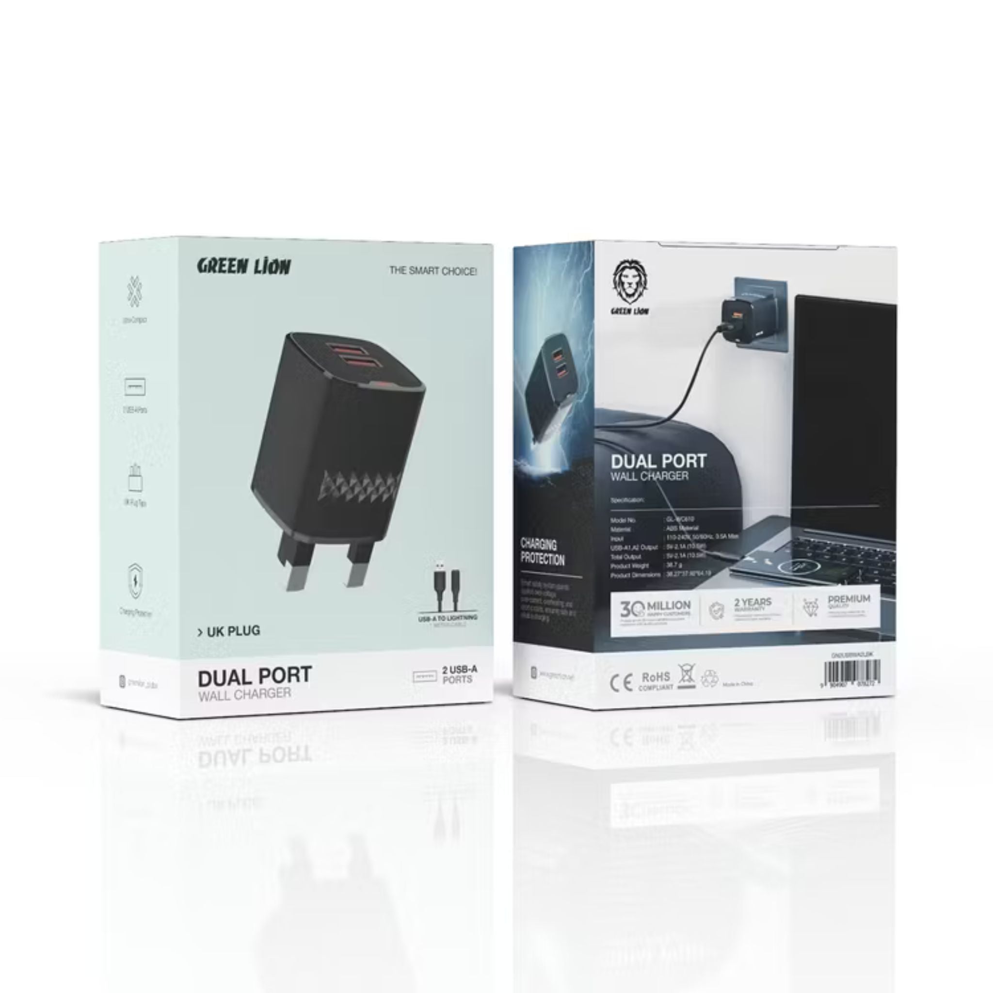 Green Lion Dual Port Wall Charger with USB-A to Lightning Cable, 10.5W per USB-A Output, ABS Material, UK 3-Pin Plug, Smart Safety System, Ultra-Compact Design - Black