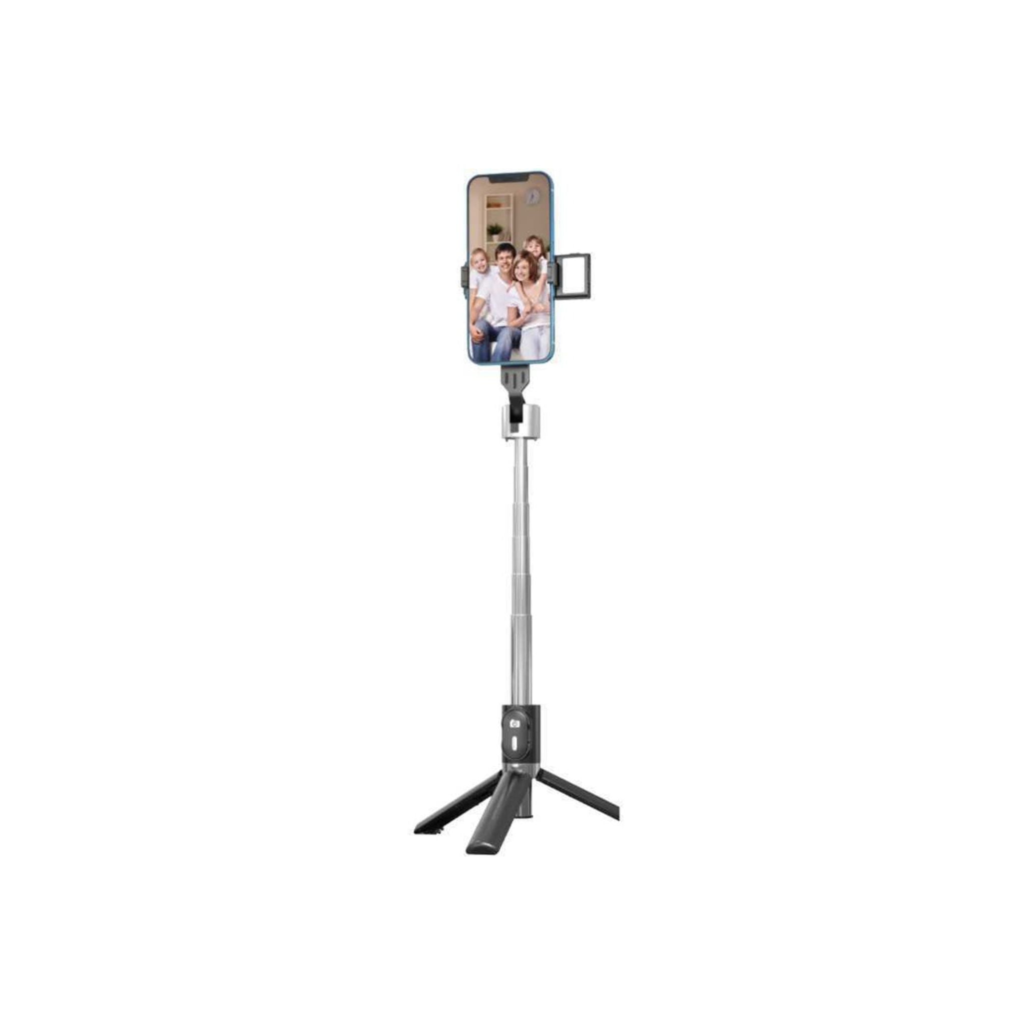An adjustable black selfie stick with a remote control and a four-legged base, designed to be compatible with various smartphone sizes.