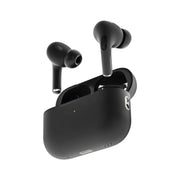 The image shows a pair of black Porodo Blue Earbuds Pro 2 with swipe volume control and a charging case.