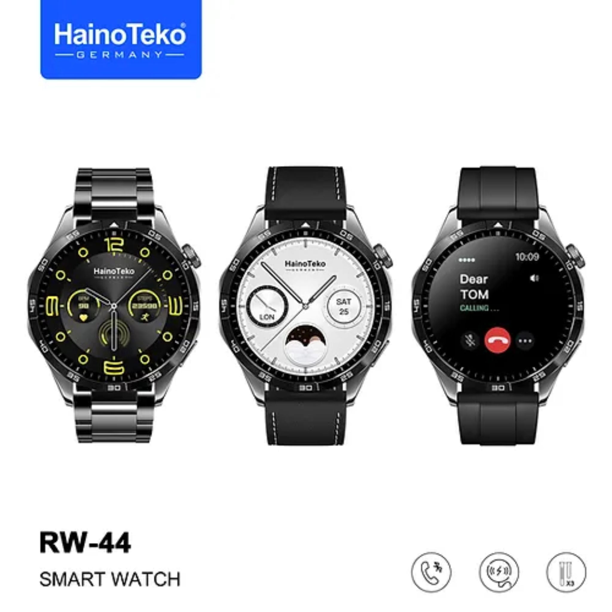 Premium Haino Teko RW44 (GT4)SmartWatch with 3 Bands (Stainless Steel+Leather+Silicone)with AMOLED HD IPS Screen_Black