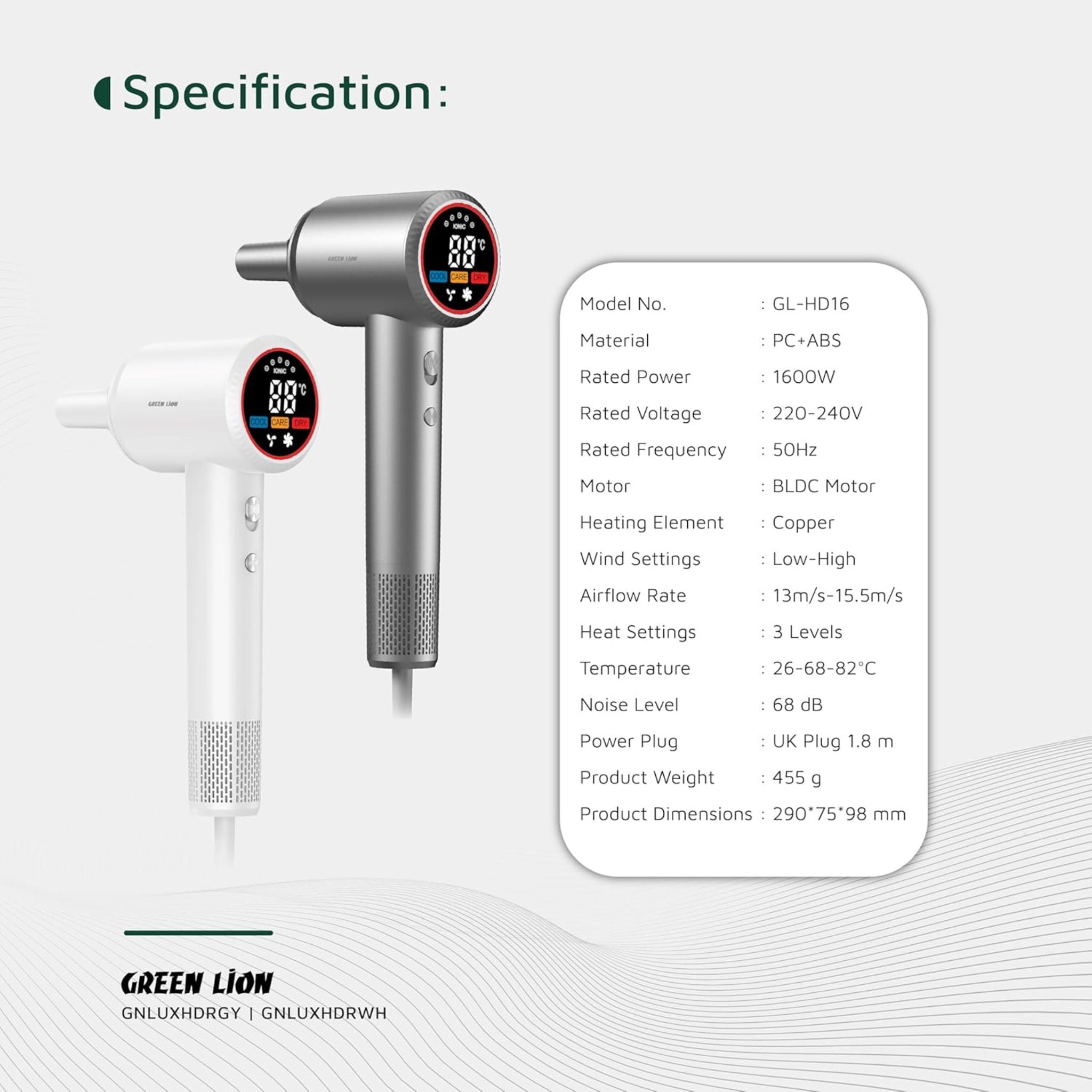 Green Lion LUXAIR Hair Dryer, 1600W BLDC Motor, Digital Display, Hot & Cold Air Alternating Mode, 3 Heat Settings, 2 Wind Speeds, Low Noise 68dB, Durable PC+ABS Body with Copper Heating Element, 1.8m UK Plug – White