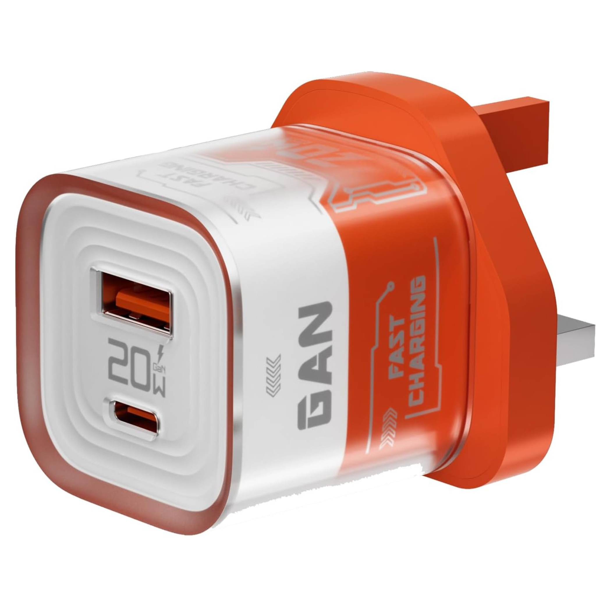 Porodo Crystal Shell GaN Wall Charger with 20W Power Delivery, Simultaneous Charging, Overheat Protection, 18W USB-A Output - Orange