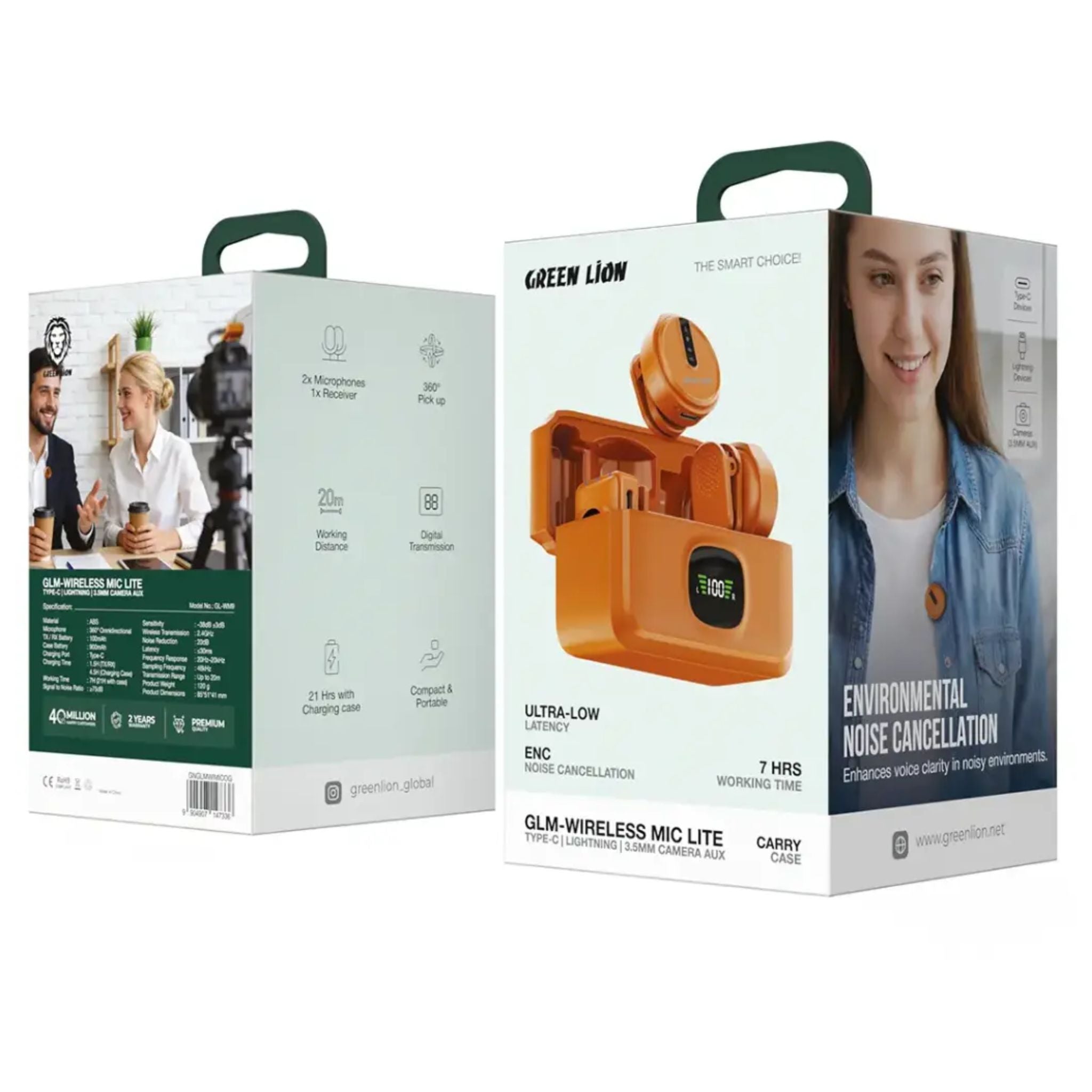 Green Lion GLM-Wireless Mic Lit with Type-C & Lightning Cable & 3.5mm Camera Aux - Orange