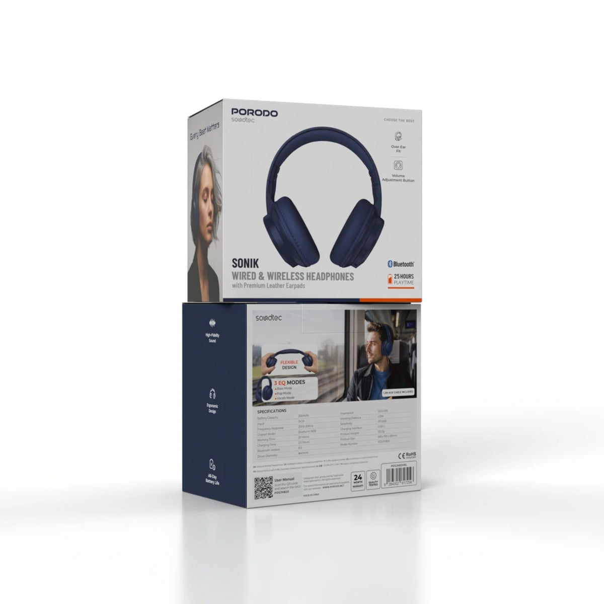 Porodo Soundtec Sonik Wired & Wireless Headphones, Bluetooth 6.0, 40mm Drivers, 25 Hours Playtime, 3 EQ Modes, Premium Leather Earpads, Over-Ear Design, USB-C, AUX Cable-Blue