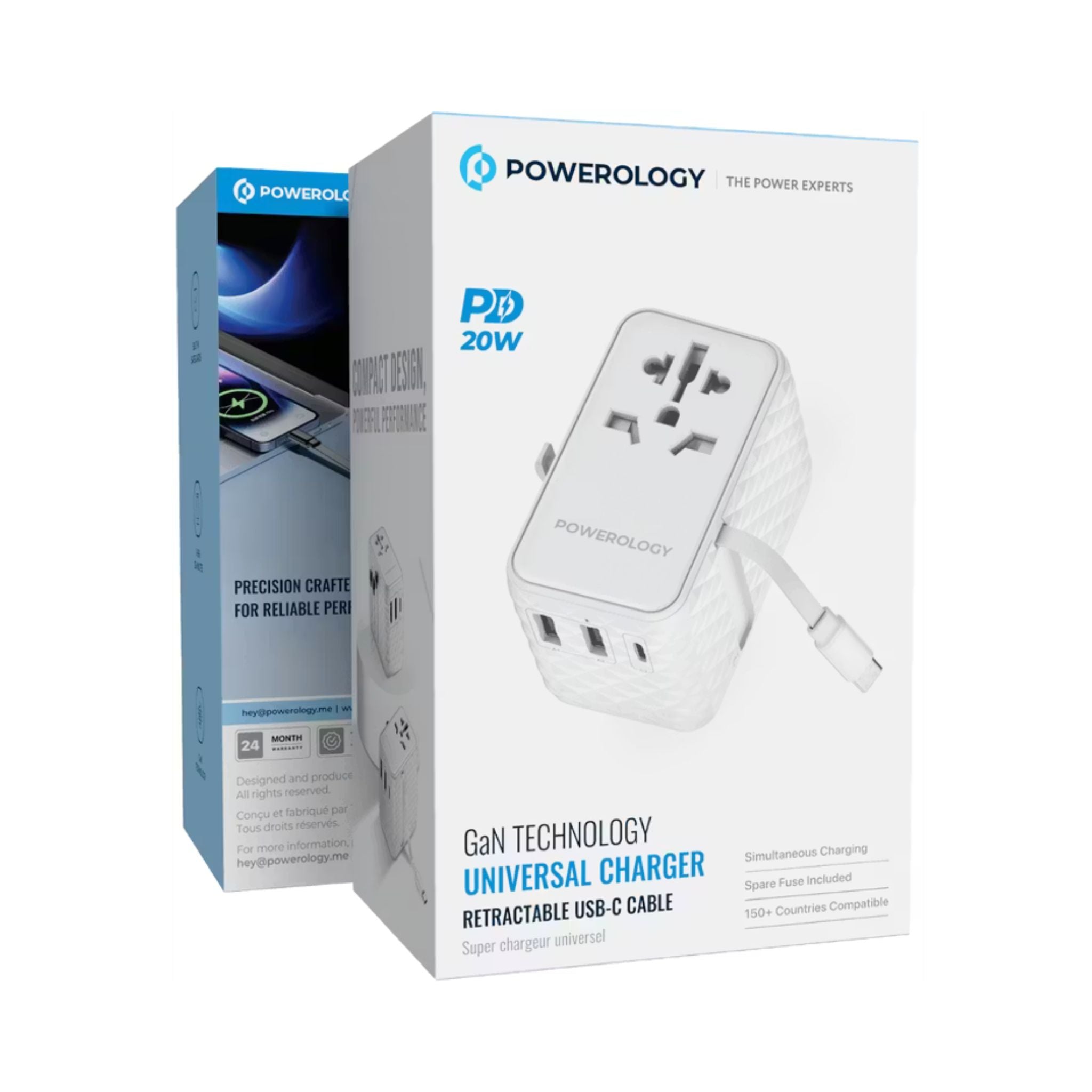 Powerology GaN 20W PD Universal Adapter with Retractable Type-C Cable, Simultaneous Charging, Includes Spare Fuse, Built-In Safeguard - White
