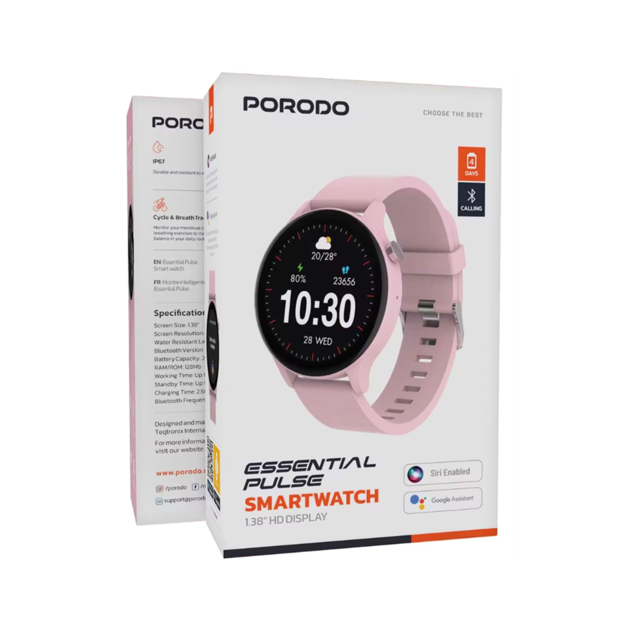 Porodo Essential Pulse Smart Watch with 1.38" HD Display, 128 Sports Modes, Bluetooth 5.4, 210mAh Battery, Up to 4 Days Usage, 12 Days Standby, 2.5H Charging Time, Heart Rate Monitor, Weather Forecast, iOS 12+ & Android 8.0+ Compatible – Pink